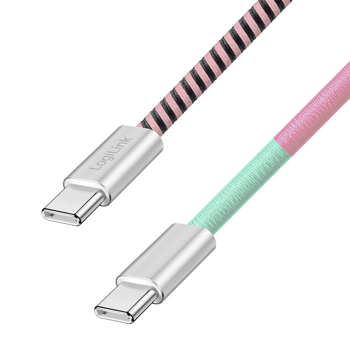 Zwei USB-C-Kabel mit geflochtenen rosa-grünen Kabeln und silbernen Anschlüssen auf weißem Hintergrund.