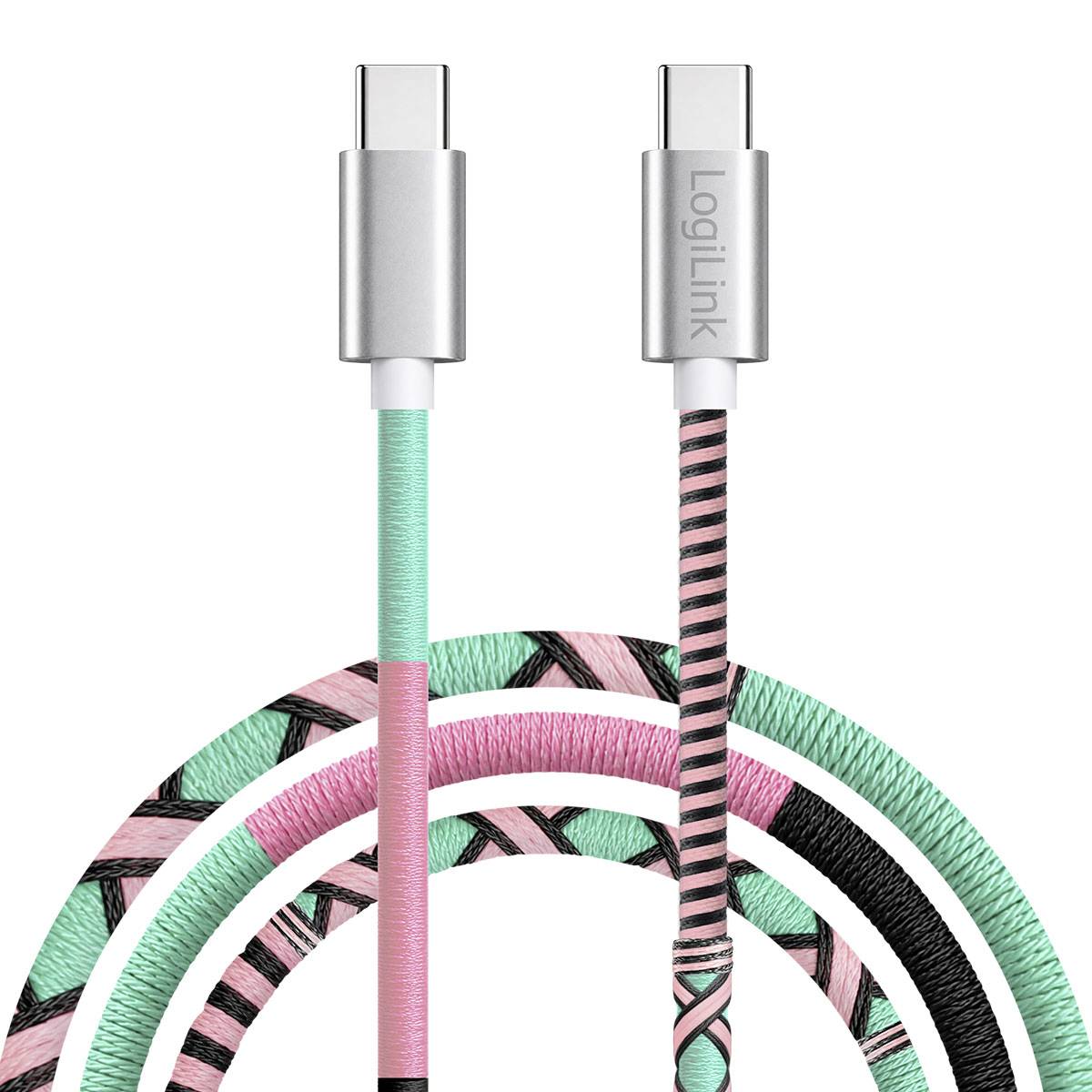 Zwei geflochtene USB-C-Kabel mit silbernen Steckern; eines in Mintrosa und eines mit rosa-schwarzem Streifenmuster, zusammengerollt auf weißem Hintergrund gezeigt.