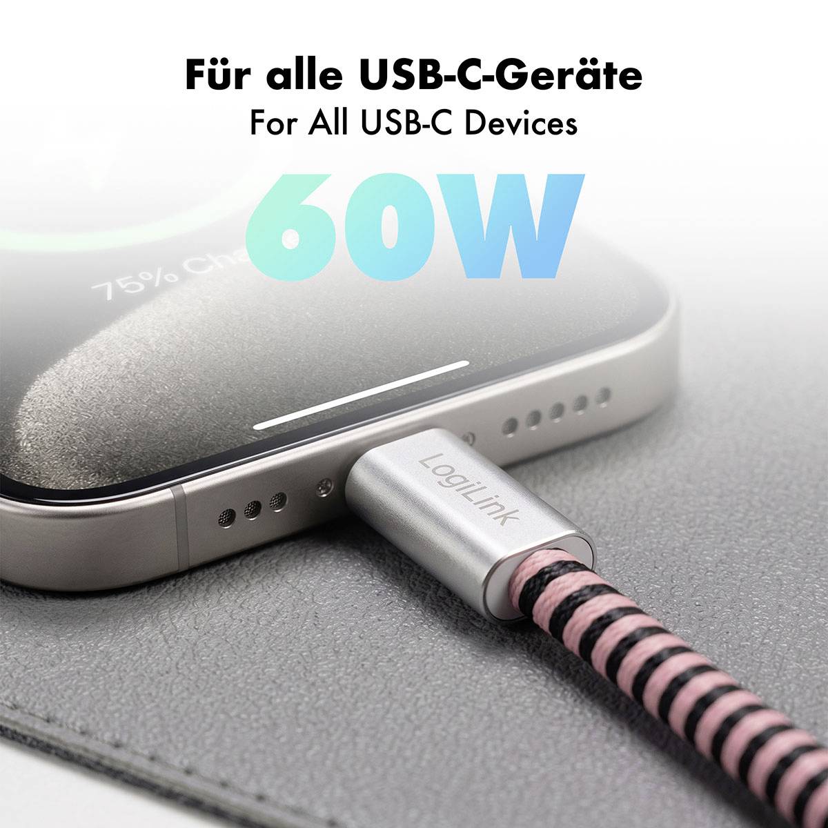 USB-C-Ladekabel eingesteckt in ein Smartphone, mit Text „Für alle USB-C-Geräte" und „60W" zur Hervorhebung der Schnellladefunktion.