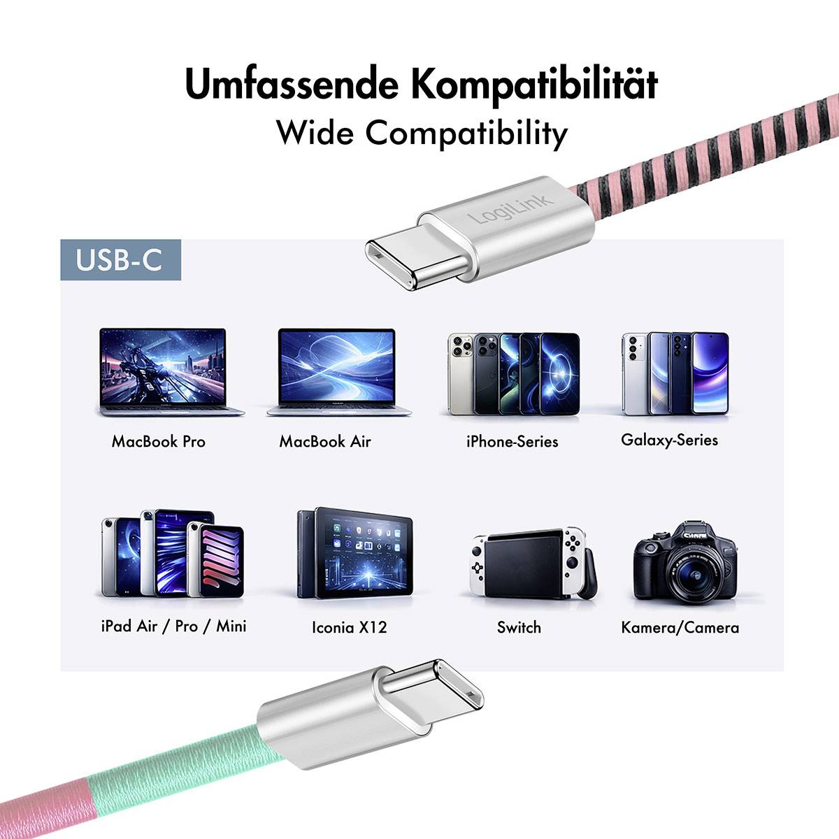 USB-C-Kabel-Anzeige mit „Breiter Kompatibilität" mit MacBook Pro/Air, iPhone, Galaxy, iPad, Iconia X12, Switch und Kameraunterstützung.