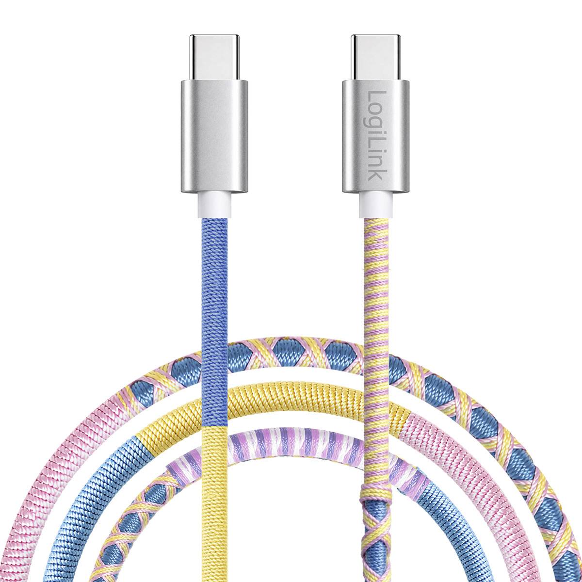 Zwei farbenfrohe geflochtene USB-C-Ladekabel mit silbernen Steckern, gegen einen weißen Hintergrund aufgerollt dargestellt; ein Stecker ist mit „LogiLink" beschriftet.
