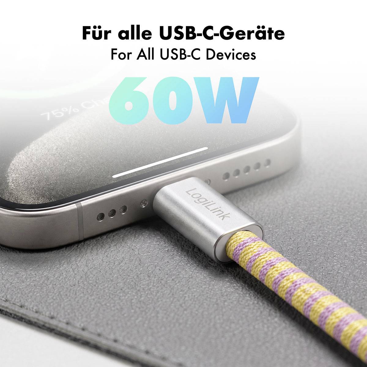 USB-C-Ladekabel in ein Telefon gesteckt, mit der Beschriftung "60W" und "Für alle USB-C-Geräte", was auf schnelles Laden für USB-C-Geräte hinweist.