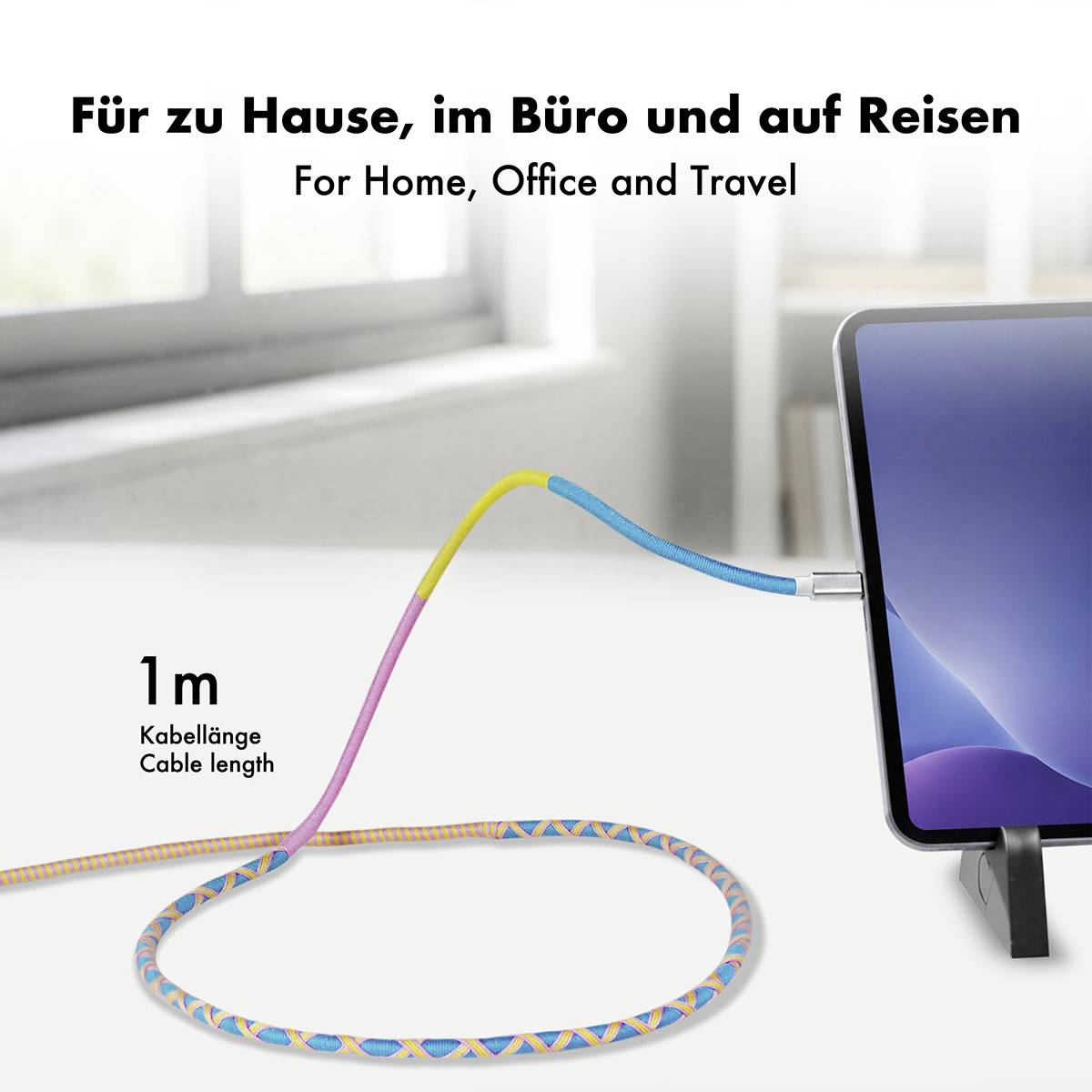 Werbebild eines farbenfrohen 1 m Kabels, das mit einem Gerät verbunden ist, mit den Aufschriften "Für Zuhause, Büro und Reisen" und "Kabellänge 1 m".
