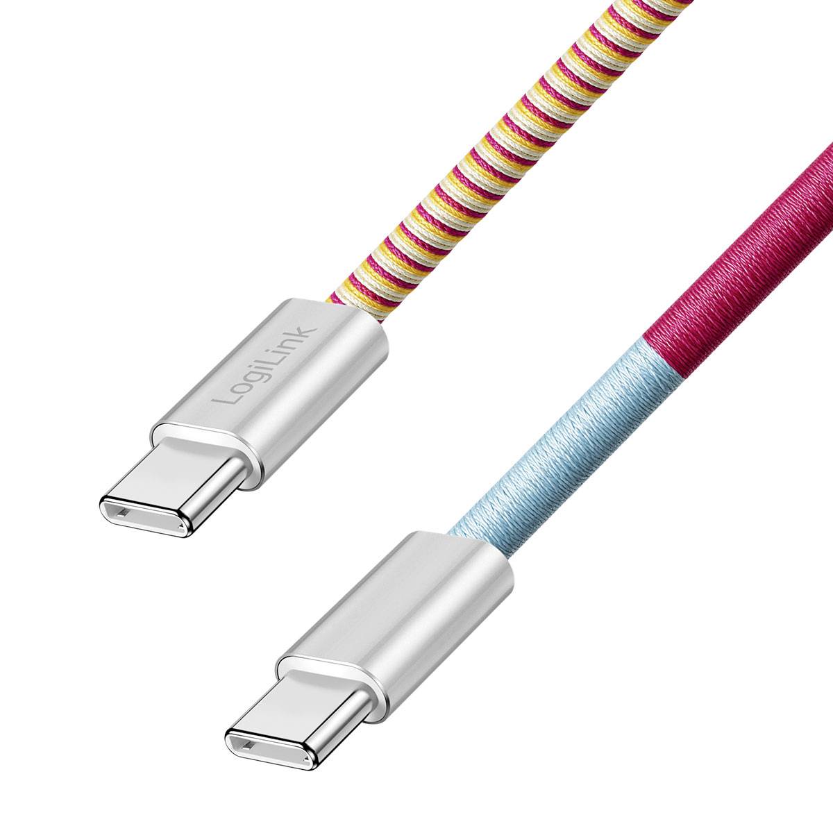Zwei geflochtene USB-C-Ladekabel mit silbernen Steckern, eines mit gelb-roten Streifen und eines mit rot-blauen Streifen, gezeigt auf weißem Hintergrund.