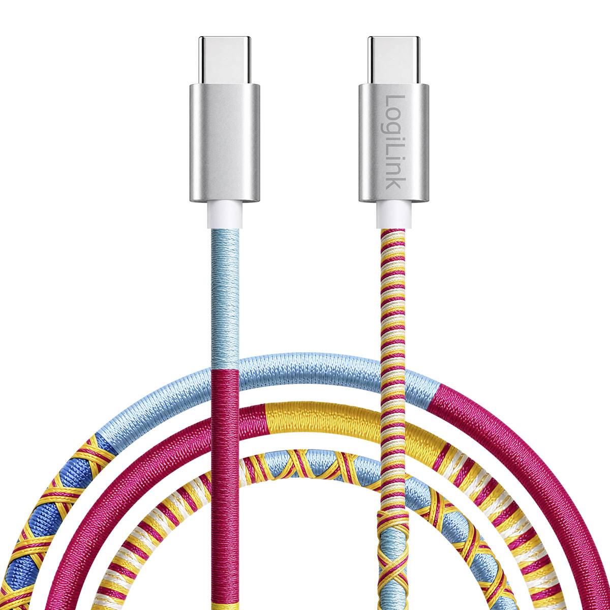 Zwei USB-C-Kabelenden, dargestellt mit geflochtenen, farbenfrohen gewebten Schnüren in einer Schleifenproduktpräsentation; ein Stecker trägt das Label „LogiLink".