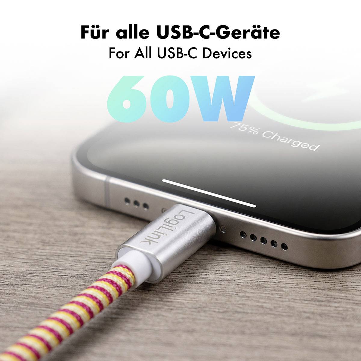 Anzeige für ein 60-W-USB-C-Ladegerät, das ein in ein Smartphone eingestecktes Kabel mit dem Text „Für alle USB-C-Geräte" und „For All USB-C Devices" zeigt.