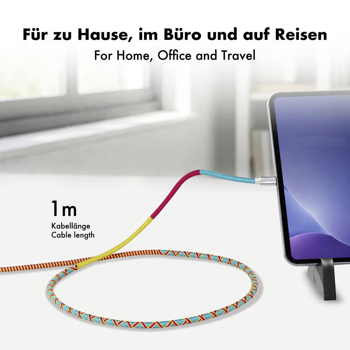 Werbebild eines 1 m langen Kabels, das mit einem Laptop verbunden ist, mit der Beschriftung „Für Zuhause, Büro und Reisen" und „Kabellänge/Kabellänge".