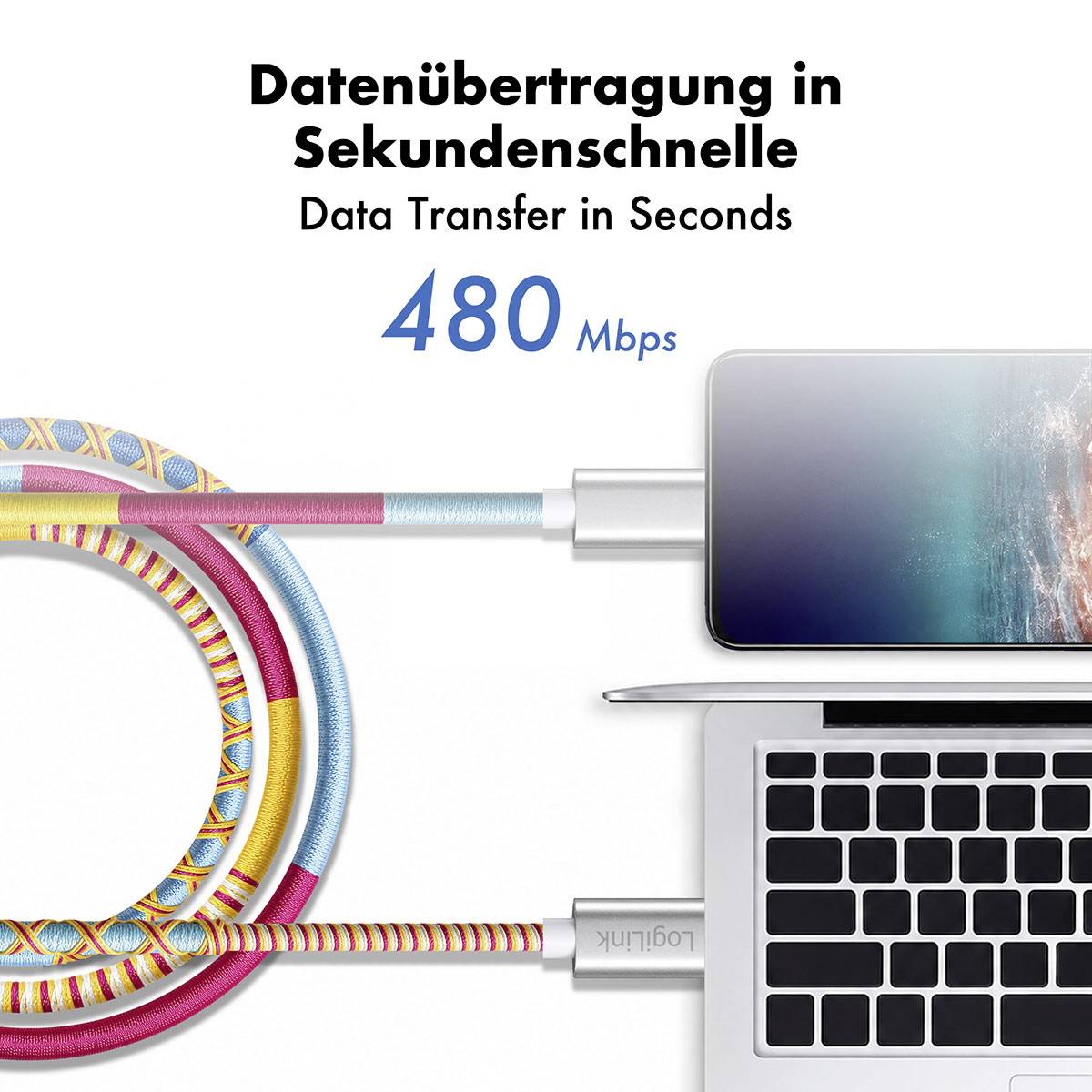 Infografik mit einem Laptop, der durch farbenfrohe Kabel verbunden ist und schnelle Datenübertragung bewirbt: 'Datenübertragung in Sekundenschnelle' und 'Data Transfer in Seconds', mit einer Geschwindigkeit von 480 Mbps.