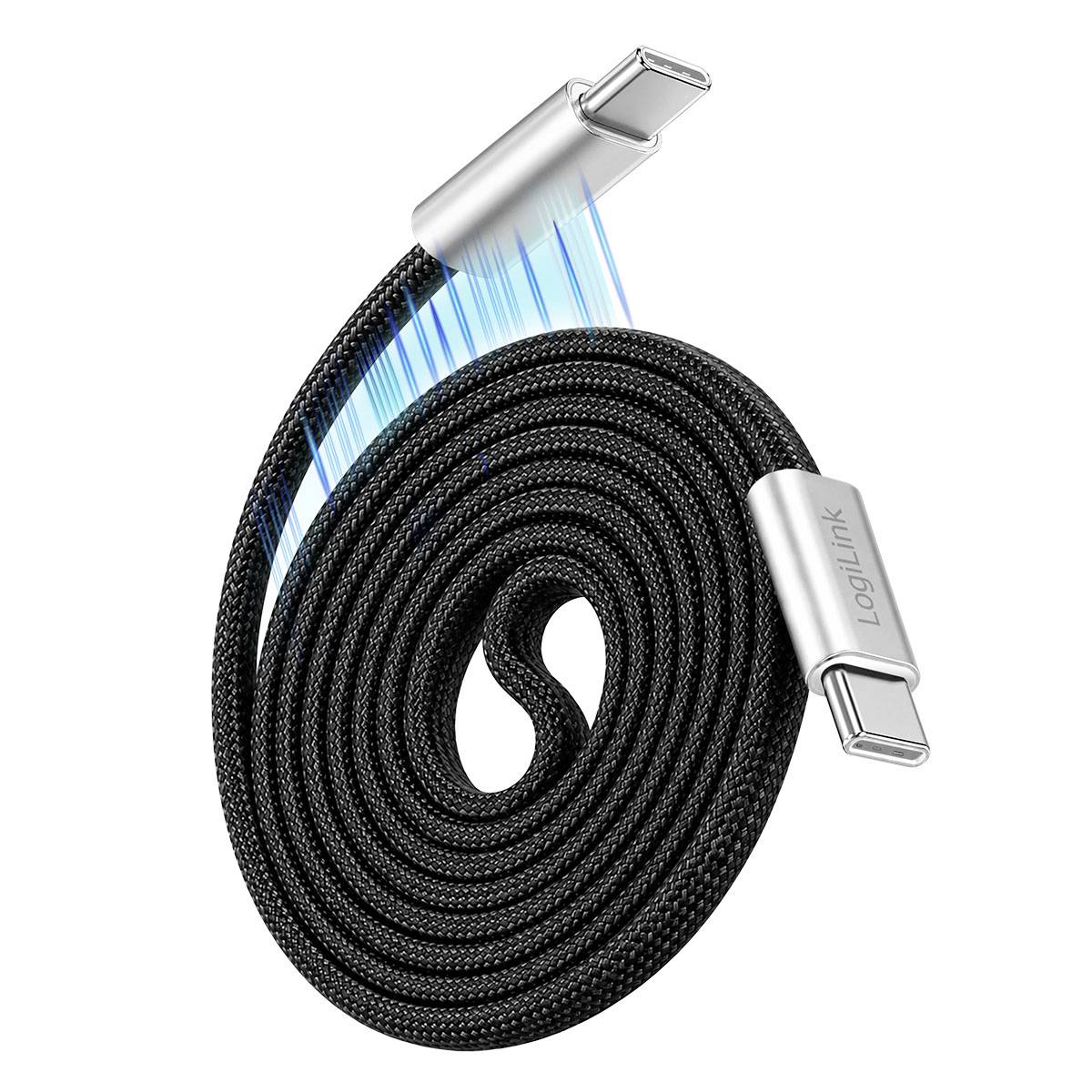 Aufgerolltes schwarzes geflochtenes USB-C-Ladekabel mit silbernen Steckern auf weißem Hintergrund, dargestellt mit blitzartigen Symbolen zur Anzeige des Schnellladens.