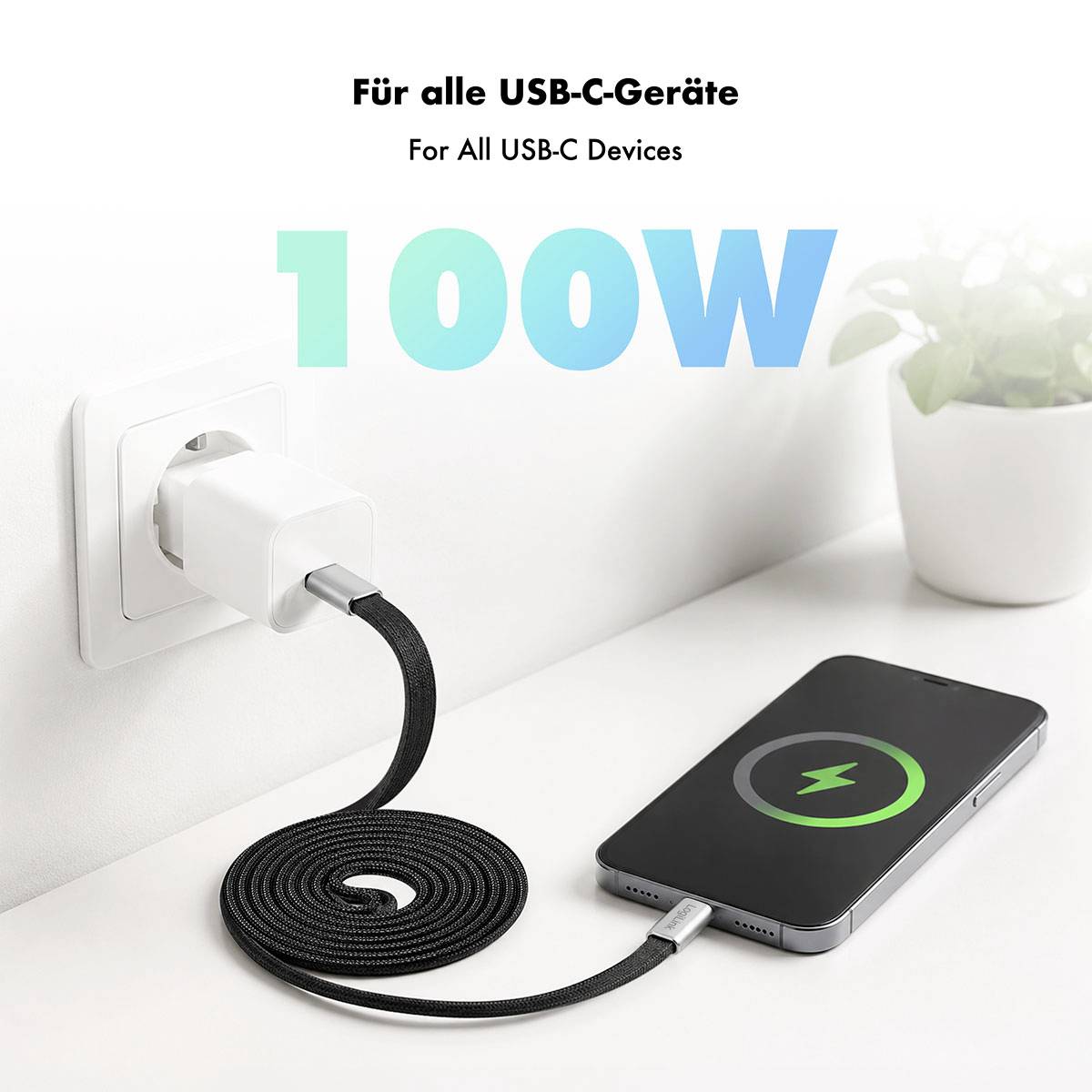 Anzeigen-ähnliches Bild eines USB-C-Wandladegeräts, das ein Telefon auflädt, mit dem Text „Für alle USB-C-Geräte" und „100W", was schnelles Laden anzeigt.