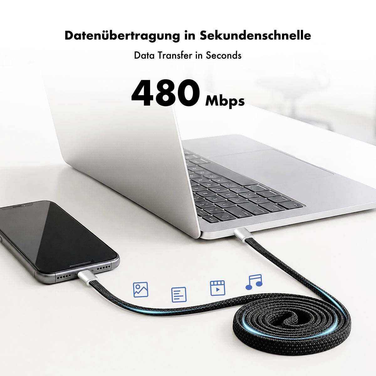 Laptop überträgt Daten mit '480 Mbps' über ein Kabel von einem Smartphone; der Text lautet 'Data Transfer in Seconds' und 'Datenübertragung in Sekundenschnelle'.