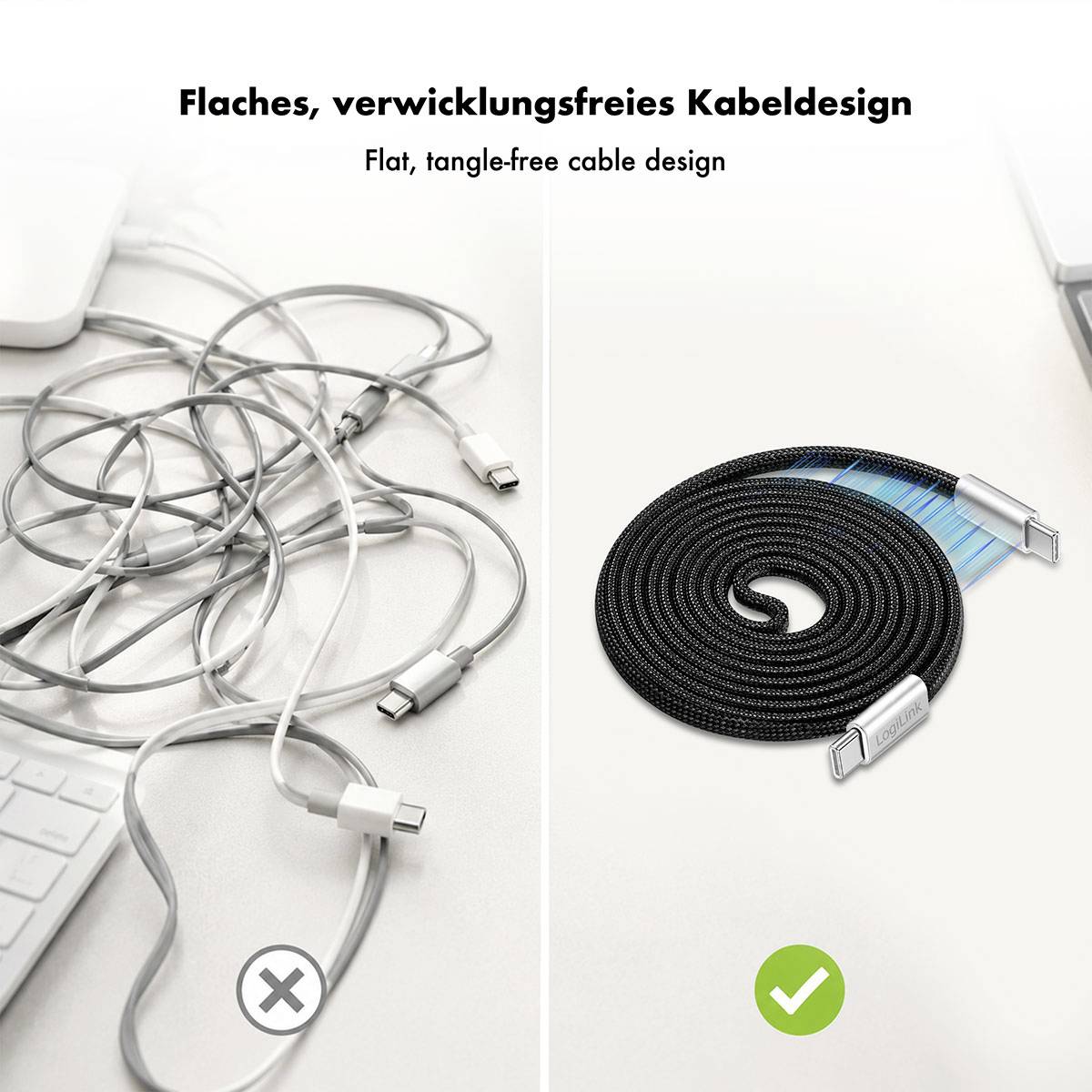 Vergleichsgrafik mit verwickelten Kabeln auf der linken Seite mit X gekennzeichnet und einem ordentlich aufgewickelten flachen Kabel auf der rechten Seite mit Häkchen gekennzeichnet, beschriftet mit „Flaches, verwicklungsfreies Kabeldesign"