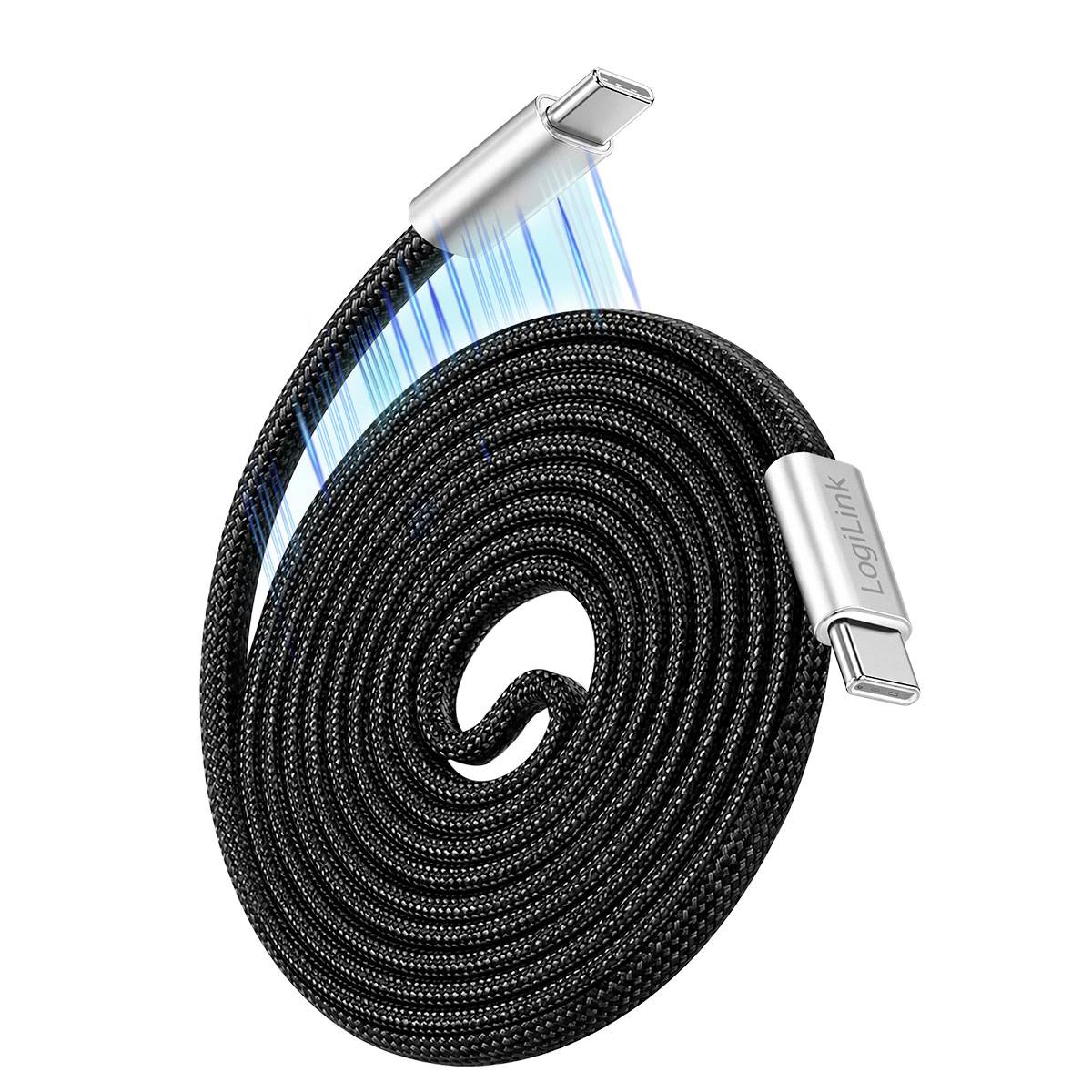 Aufgerolltes schwarzes geflochtenes USB-C-Kabel mit beleuchteten Steckerenden, dargestellt in einem produktstylisierten Bild