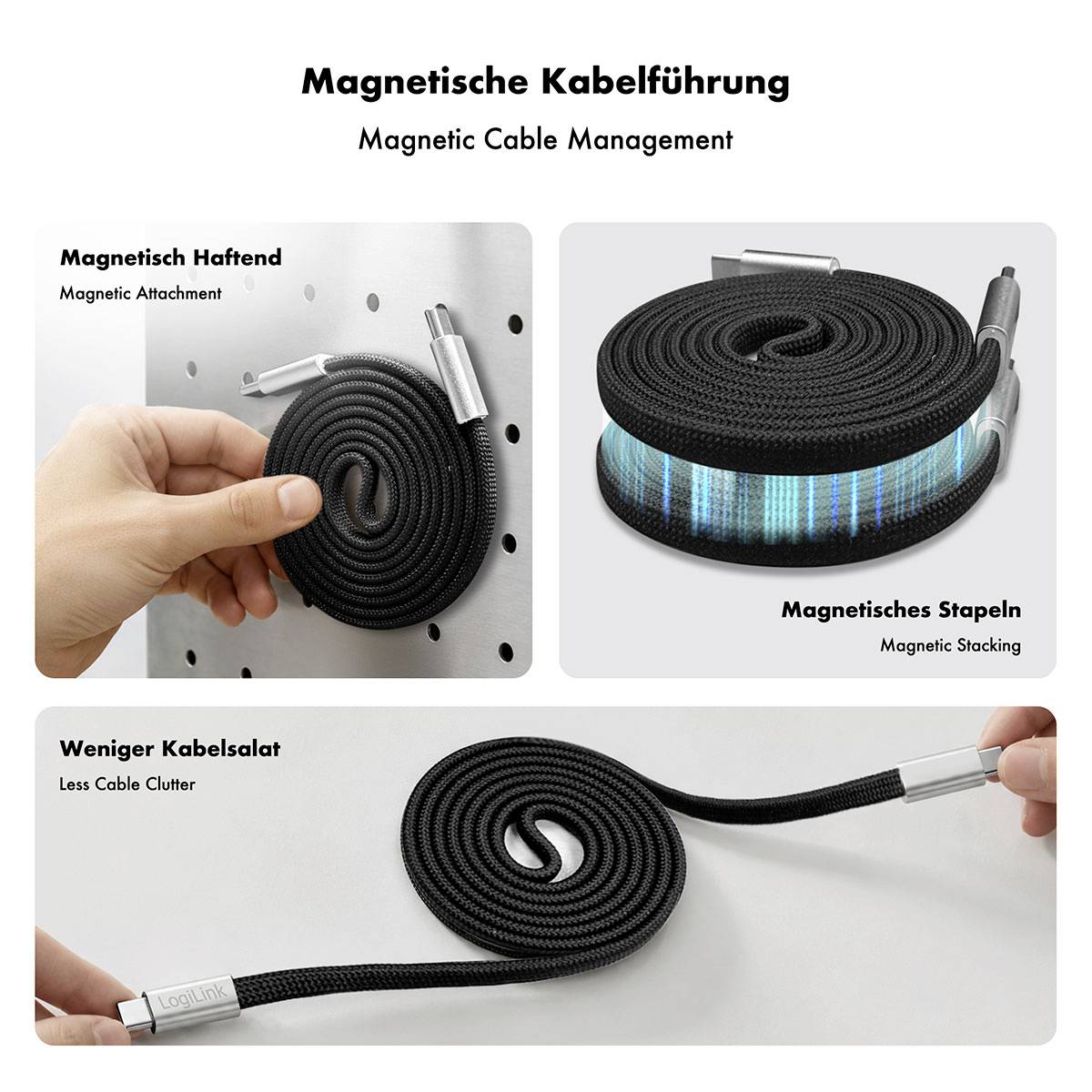 Infografik zur magnetischen Kabelorganisation: Eine Kabelspule befestigt sich an einer Metalloberfläche, stapelt sich magnetisch und reduziert Kabelunordnung.
