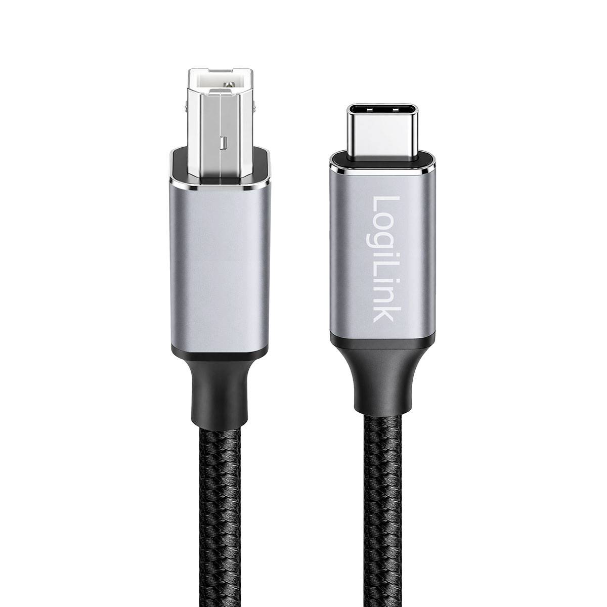 Zwei silberne LogiLink-USB-Kabel, die nebeneinander aufrecht dargestellt sind, eines mit USB-C-Anschluss und eines mit USB-A-Anschluss.
