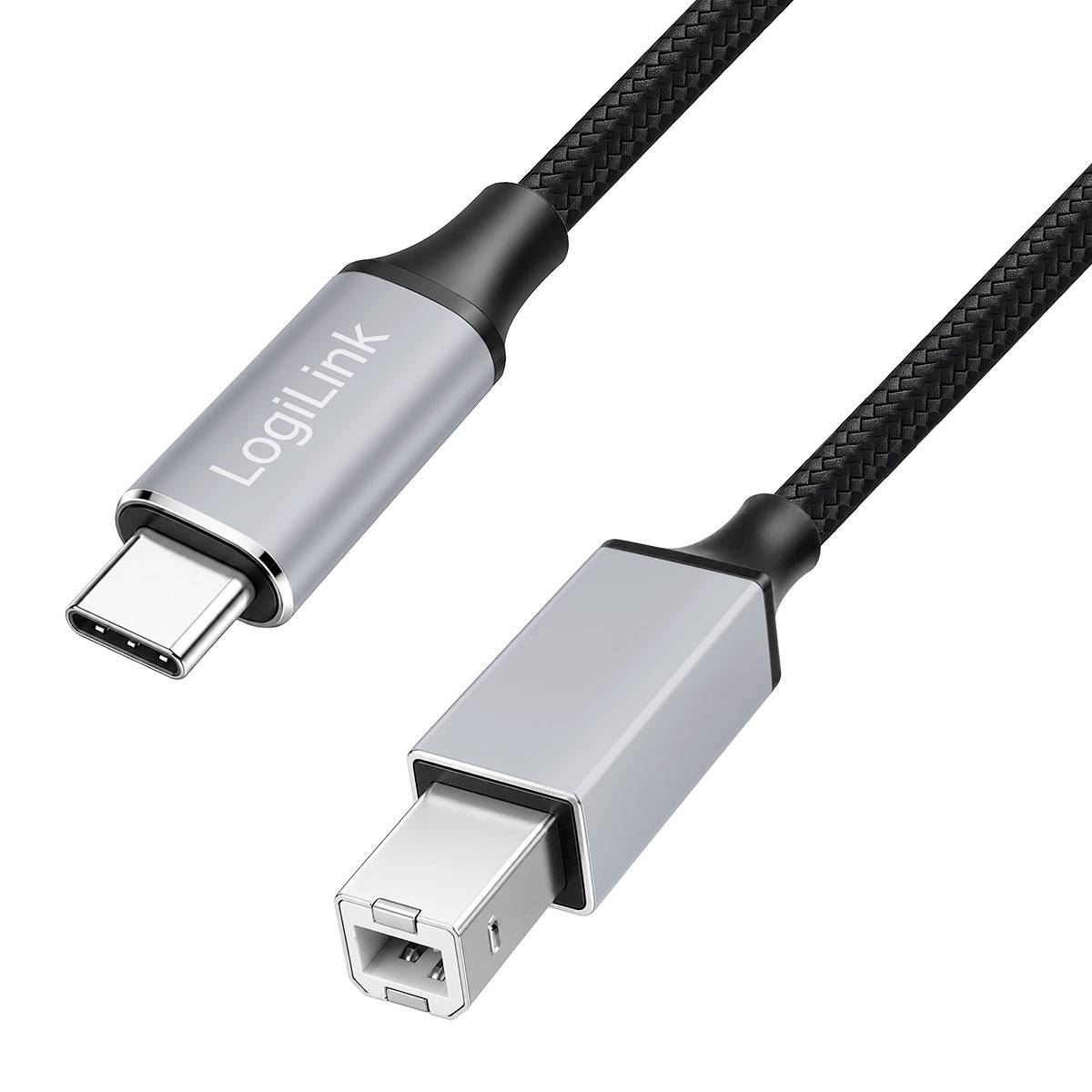 USB-C auf USB-B Kabel mit geflochtenen schwarzen Kabeln und silbernen Steckern, gekennzeichnet mit „LogiLink