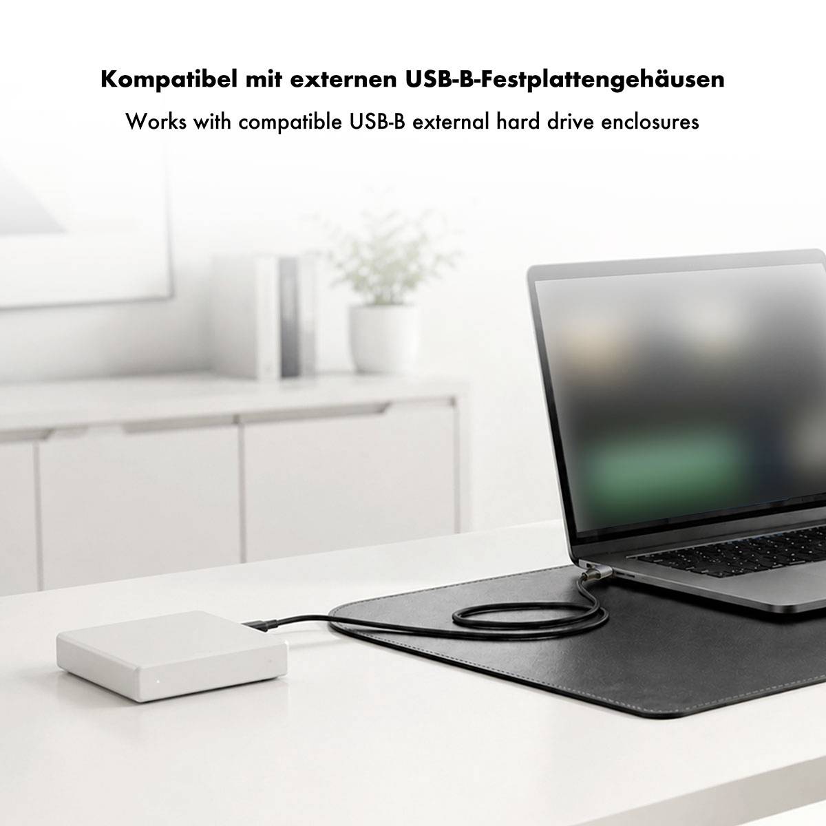 Laptop, der über ein Kabel mit einem kleinen externen Festplattengehäuse auf einem Schreibtisch verbunden ist, mit Text, der besagt „Kompatibel mit externen USB-B-Festplattengehäusen" und „Funktioniert mit kompatiblen USB-B-externen Festplattengehäusen".