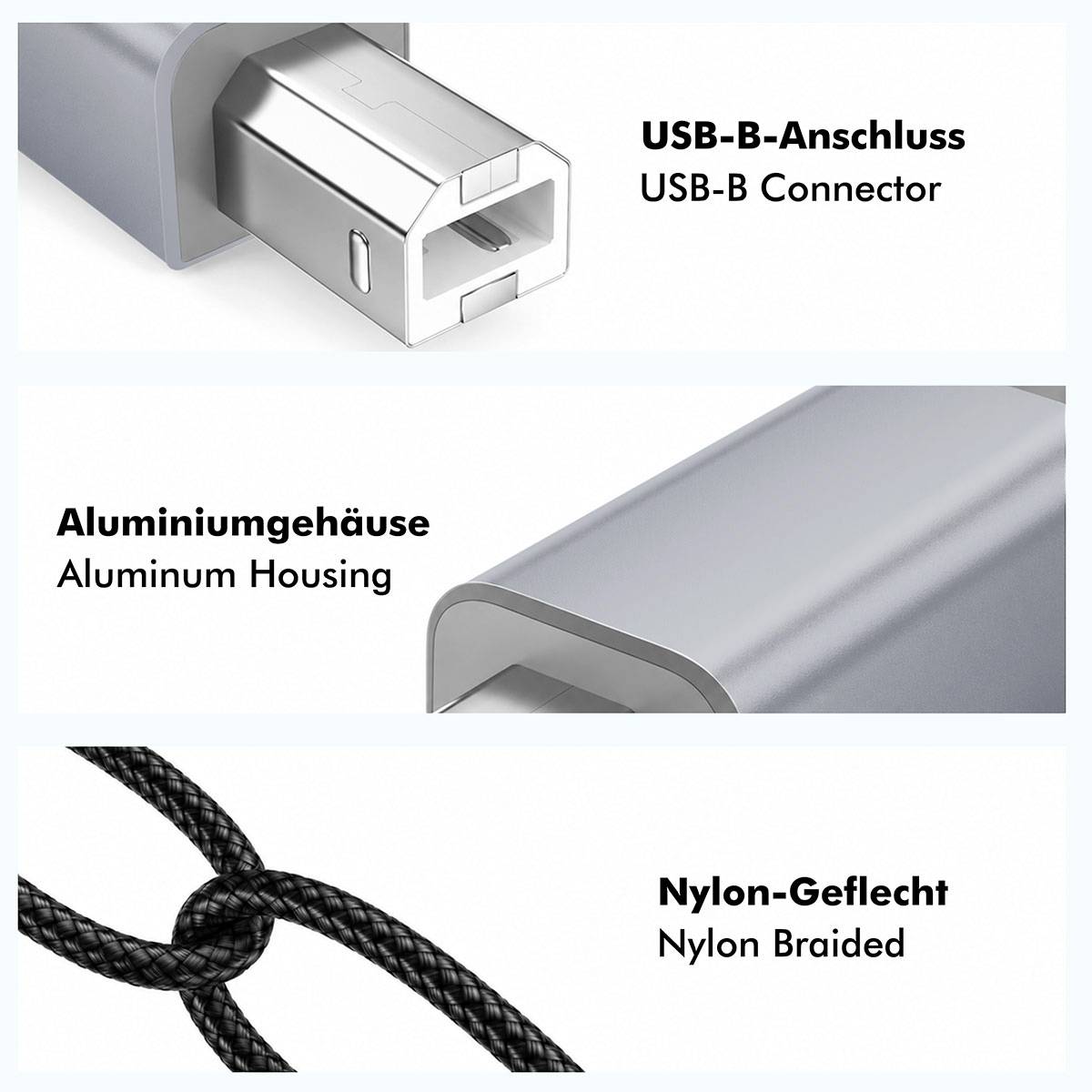 Drei gekennzeichnete Produktmerkmale: USB-B-Anschluss, Aluminium-Gehäuse und Nylon-Geflechttkabel.