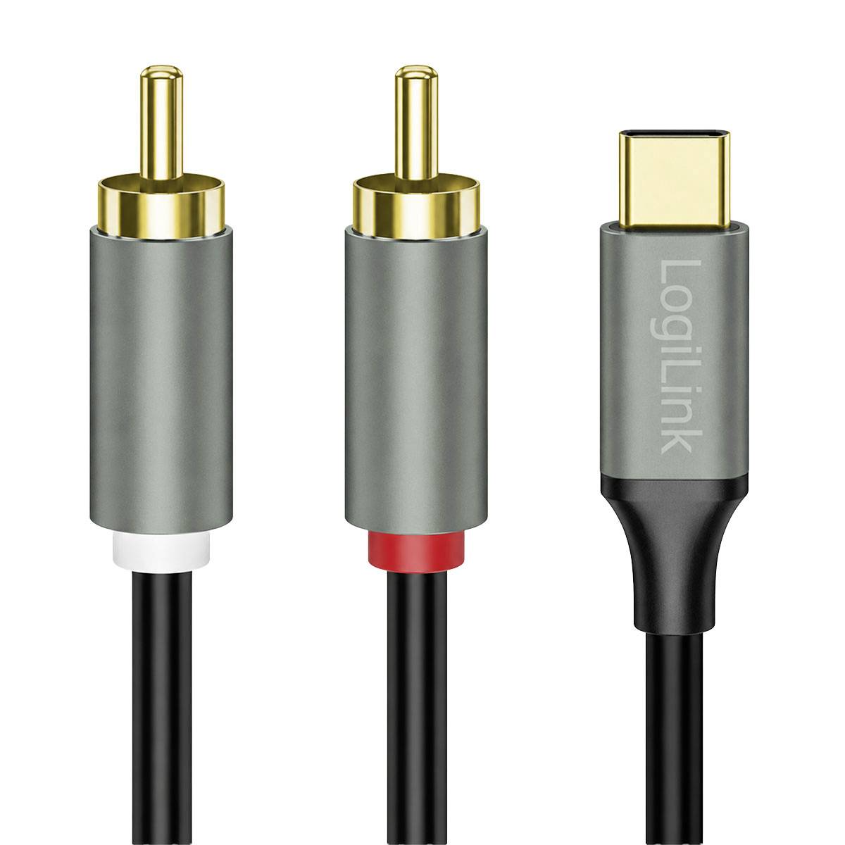 Drei Audio-Video-Kabel mit Metallsteckern: zwei RCA-ähnliche Stecker, einer rot gekennzeichnet, und ein USB-C-Kabel mit der Bezeichnung „LogiLink".