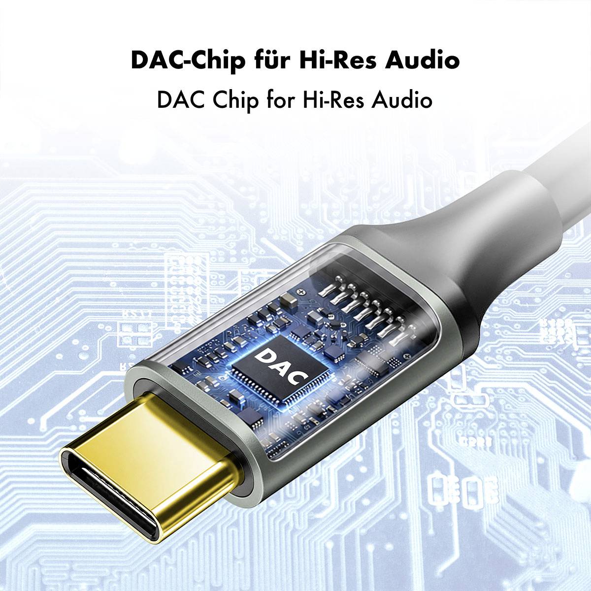 Darstellung eines USB-C-Audiokabels mit einem sichtbaren DAC-Chip, gekennzeichnet mit „DAC-Chip für Hi-Res Audio" und „DAC Chip for Hi-Res Audio".