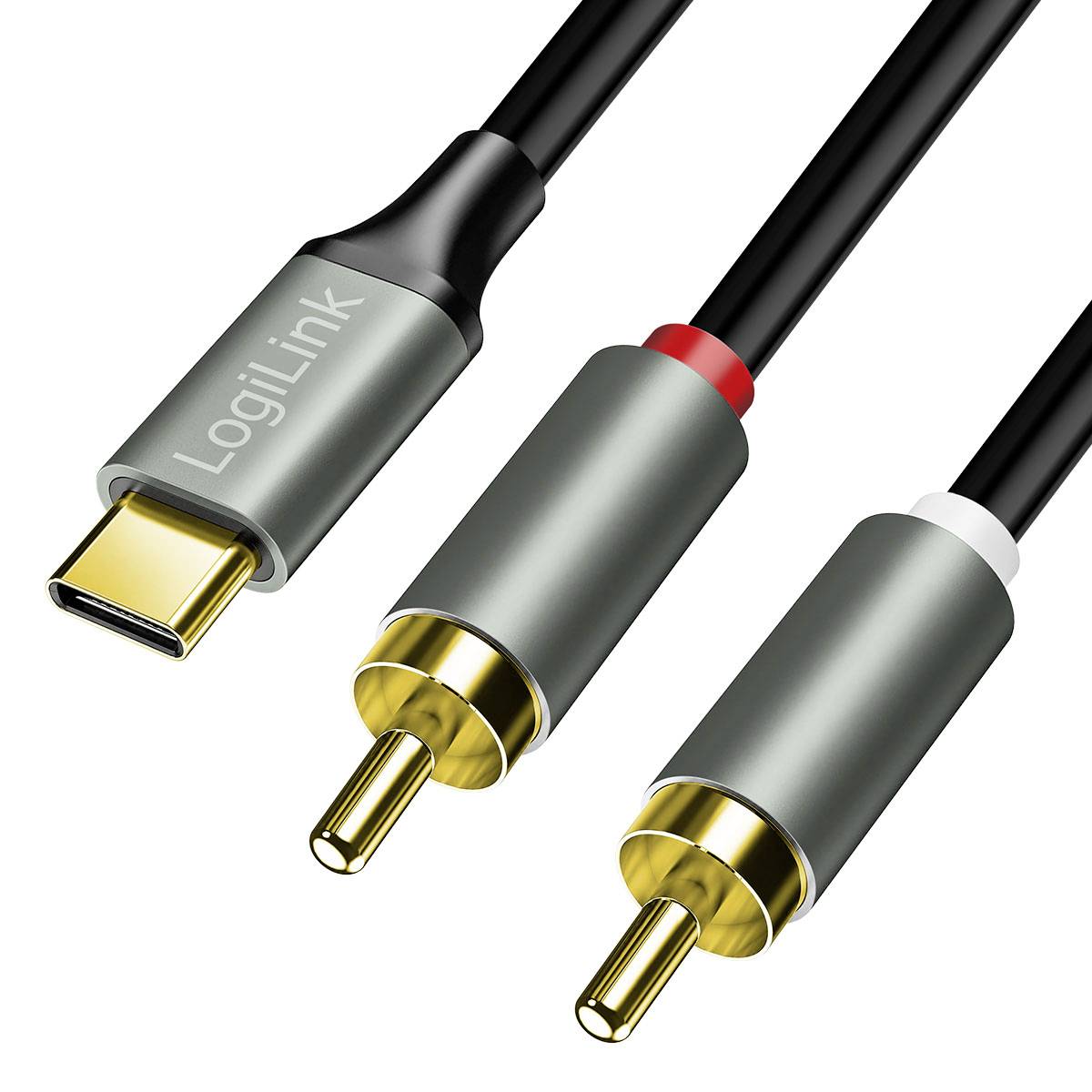 Drei Audio-/Videokabelverbinder: USB-C, RCA-Rot und RCA-Weiß-Stecker auf schwarzen Kabeln.