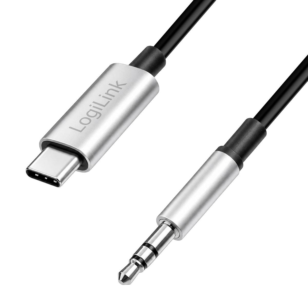 USB-C zu 3,5 mm Kopfhöreradapterkabel mit silbernen LogiLink-Anschlüssen auf weißem Hintergrund