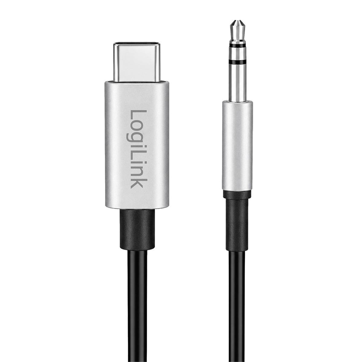 USB-C auf 3,5-mm-Audioadapter-Kabel mit Logitech-Branding, dargestellt mit USB-C-Stecker und Kopfhörerklinken-Anschlüssen.