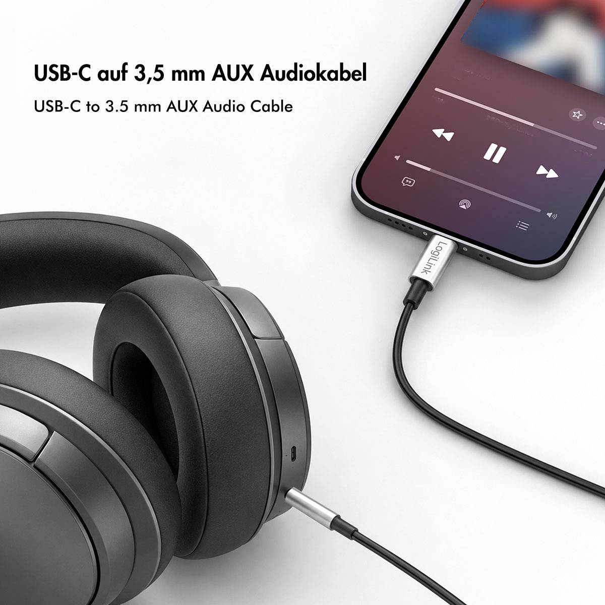 USB-C auf 3,5 mm Aux-Audiokabel zur Verbindung eines Smartphones mit Over-Ear-Kopfhörern, mit Text auf dem Bild, das das Produkt auf Deutsch und Englisch beschriftet.