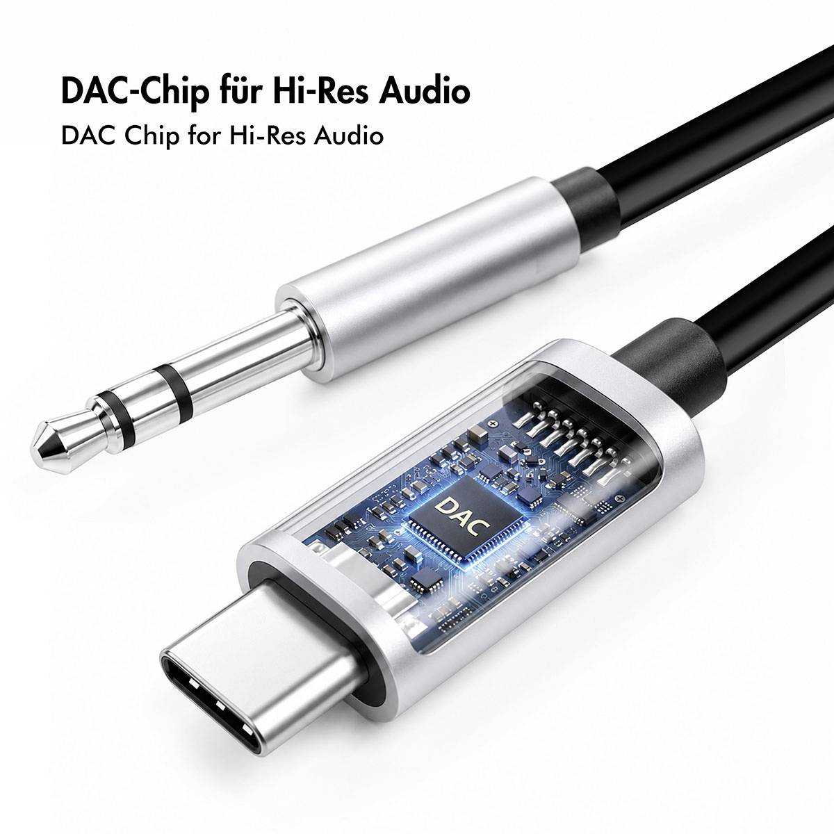 Abbildung eines USB-C-zu-3,5-mm-Audioadapters mit integriertem DAC-Chip, beschriftet mit „DAC-Chip für Hi-Res Audio" und „DAC Chip for Hi-Res Audio".