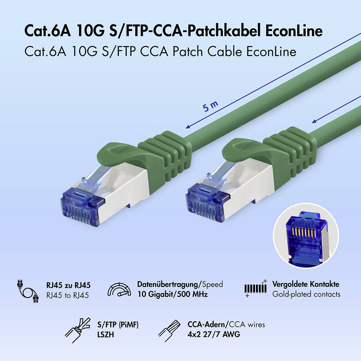 Produktabbildung eines Cat.6A 10G S/FTP CCA Ethernet-Patchkabels, dargestellt mit RJ45-Steckern, einer Längenbeschriftung von 5 m und Symbolen für 10 Gigabit/500 MHz, vergoldete Kontakte und CCA-Drähte.