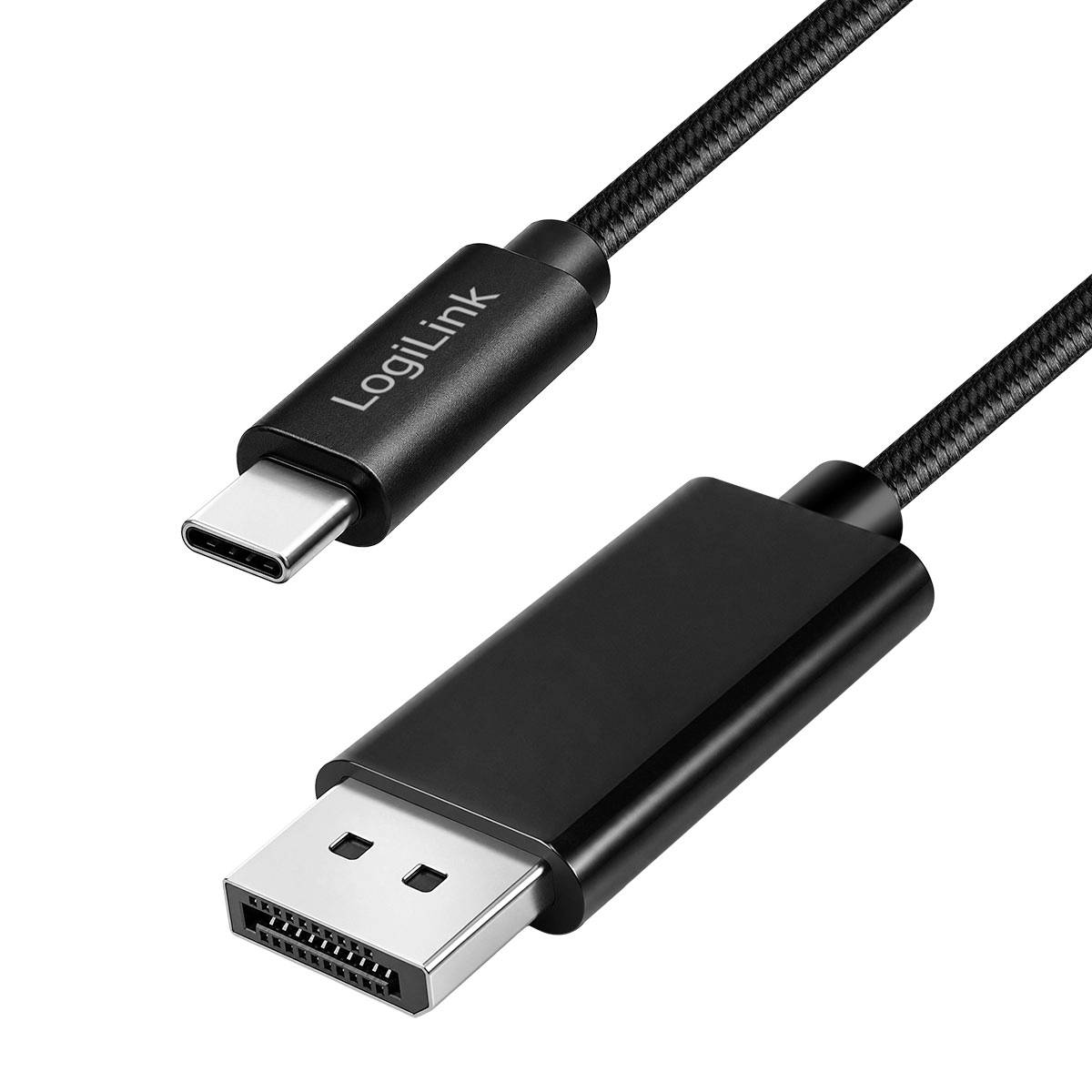 USB-C auf DisplayPort-Kabel mit LogiLink-Branding, gezeigt mit USB-C-Stecker und DisplayPort-Anschluss auf weißem Hintergrund.