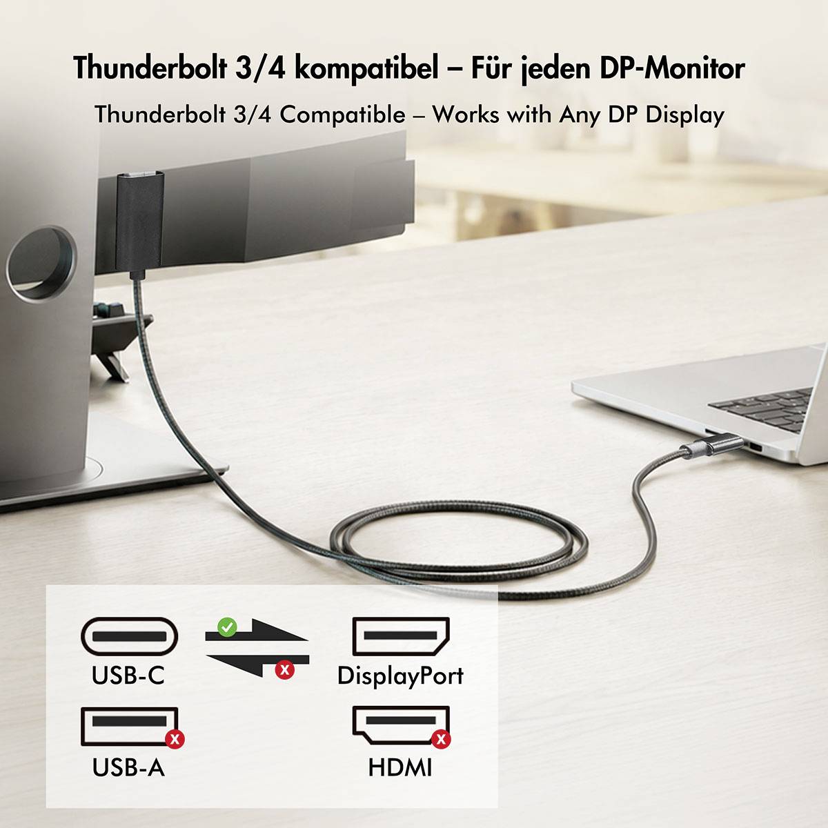 Thunderbolt 3/4 kompatibles Dock, das einen Laptop mit einem DP-Monitor verbindet; nur USB-C und DisplayPort werden unterstützt, nicht USB-A oder HDMI.