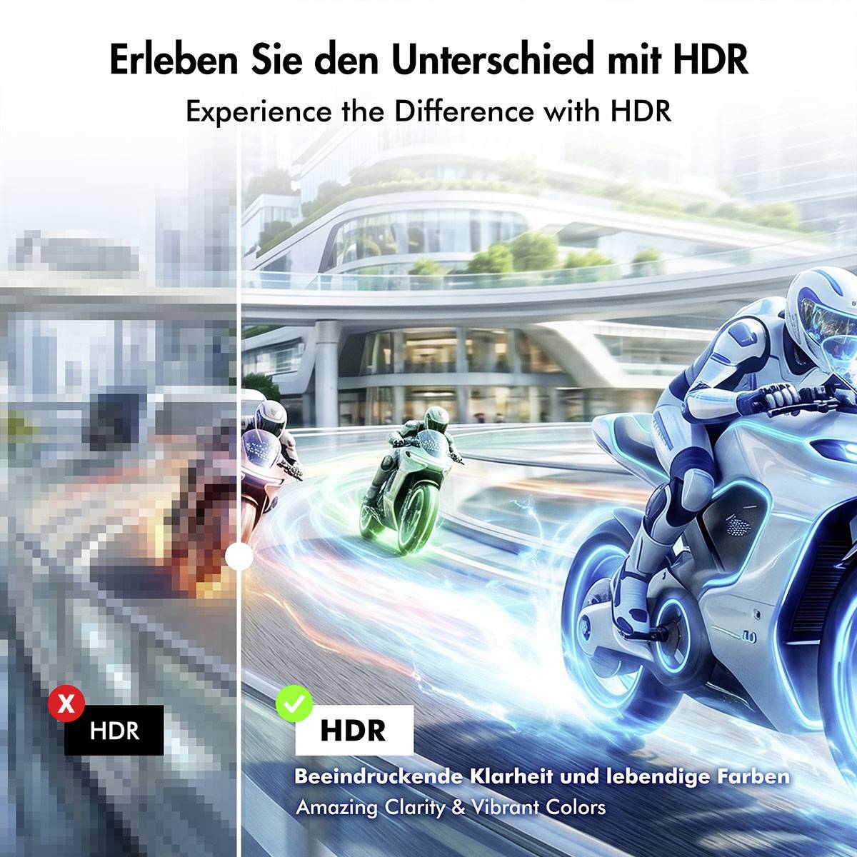 HDR-Vergleichsbild, das eine unscharfe, minderwertige Szene auf der linken Seite und ein scharfes, lebendiges Motorradrennen auf der rechten Seite zeigt, mit dem Text „Erleben Sie den Unterschied mit HDR" und „Erstaunliche Klarheit & Lebendige Farben".
