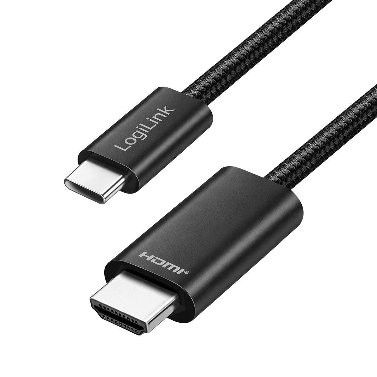 Schwarze LogiLink USB-C- und HDMI-Kabel mit Anschlüssen auf weißem Hintergrund.