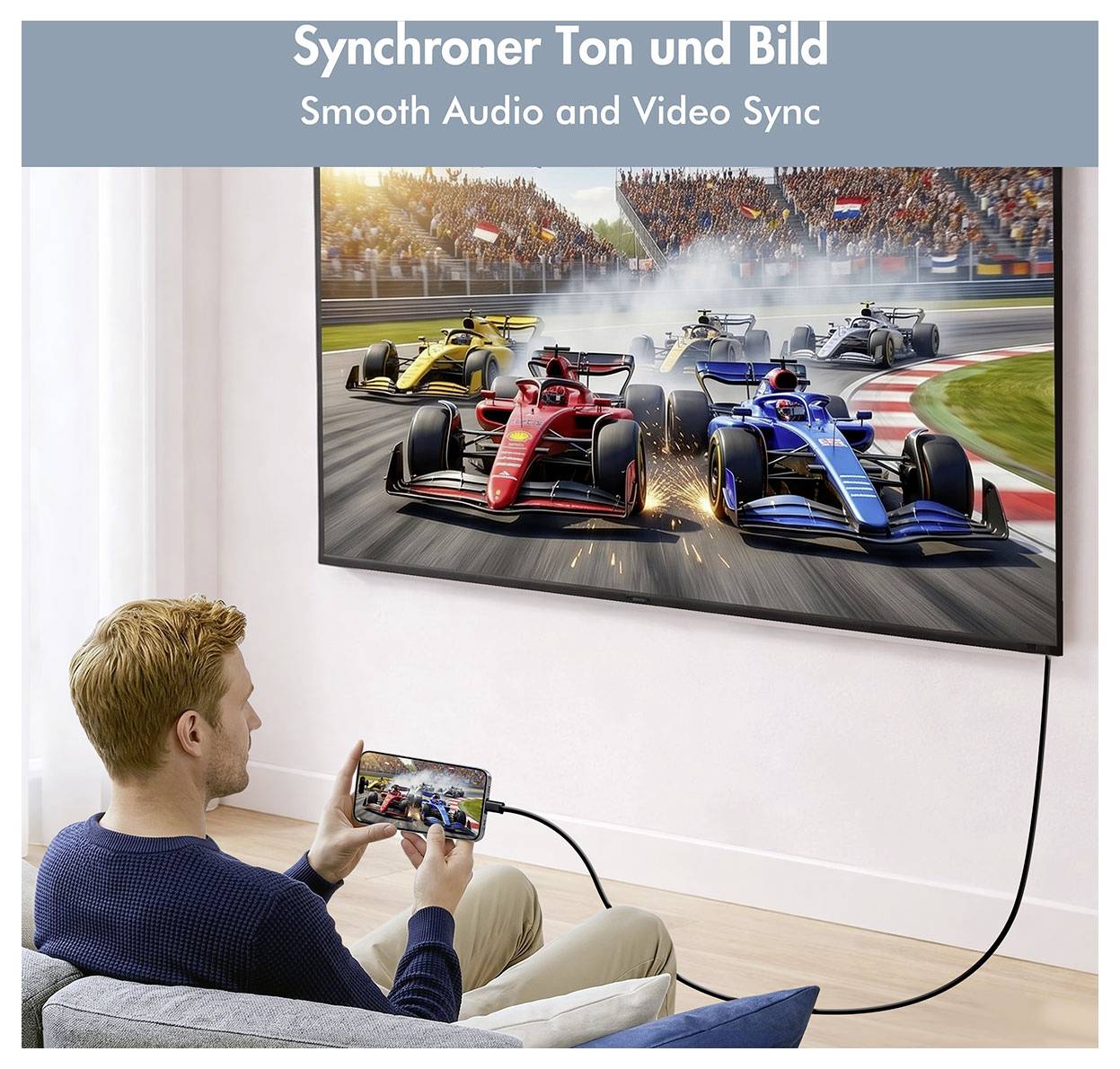 Mann schaut ein Rennspiel auf einem Fernseher an, während er ein verbundenes Smartphone hält; der Text lautet "Synchroner Ton und Bild" und "Smooth Audio and Video Sync".