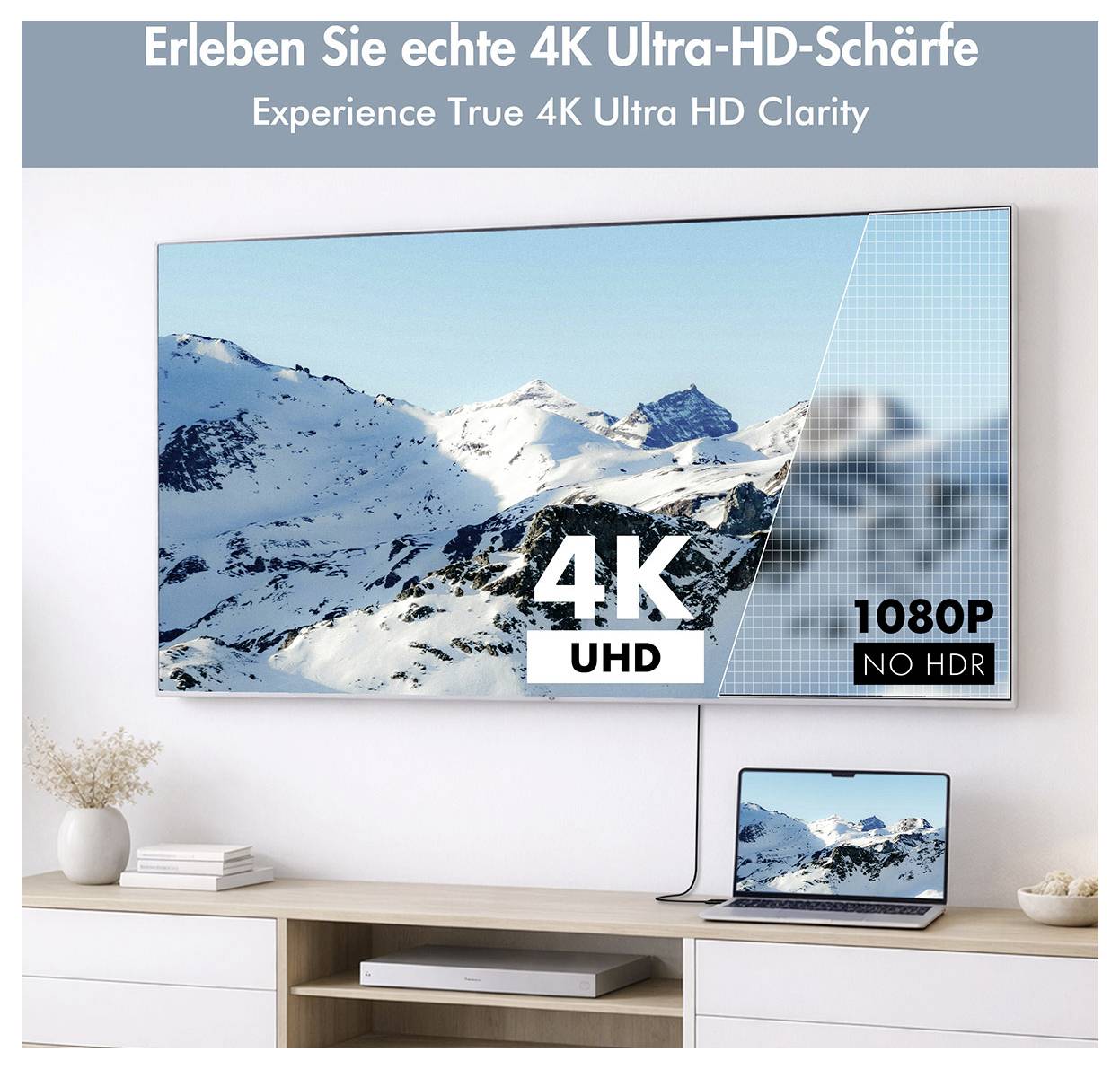 Marketingbild eines Fernsehers, das "4K UHD" und "1080P KEIN HDR" vergleicht; eine Schneeberglandschaft wird auf der 4K-Seite schärfer dargestellt, mit demselben Bild auf einem Laptop darunter.