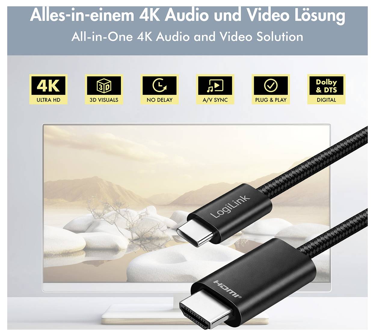 Werbegrafik für eine All-in-One-4K-Audio- und Videolösung, die USB-C- und HDMI-Kabelverbinder vor einem Fernseher zeigt, mit Funktionssymbolen: 4K, 3D-Visuals, keine Verzögerung, A/V-Synchronisierung, Plug & Play, Dolby & DTS digital.