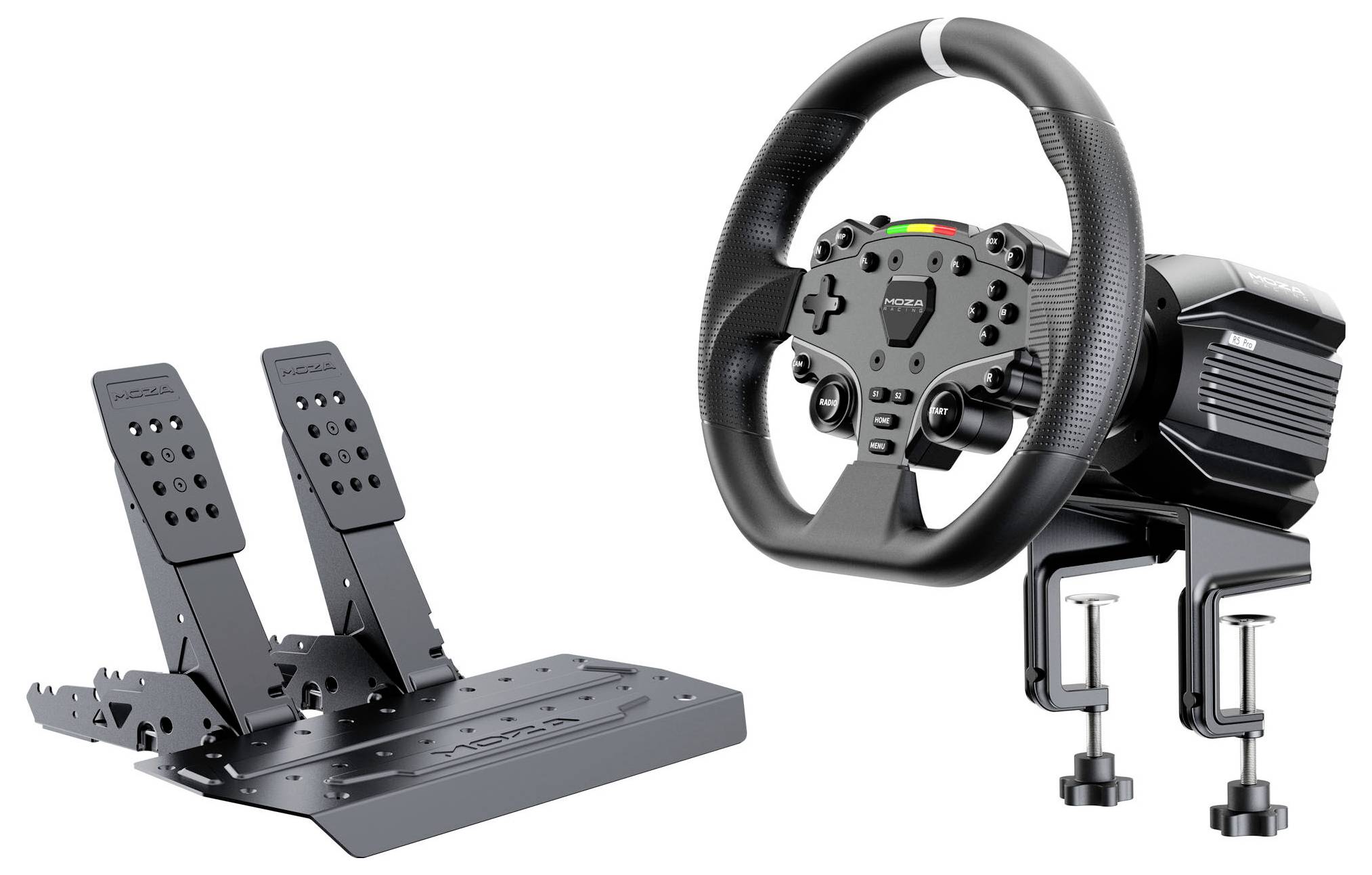 Rennfahrer-Simulator-Setup mit Lenkrad, Pedalen und Montagerahmen für ein Rennspiel oder Trainingsgerät.