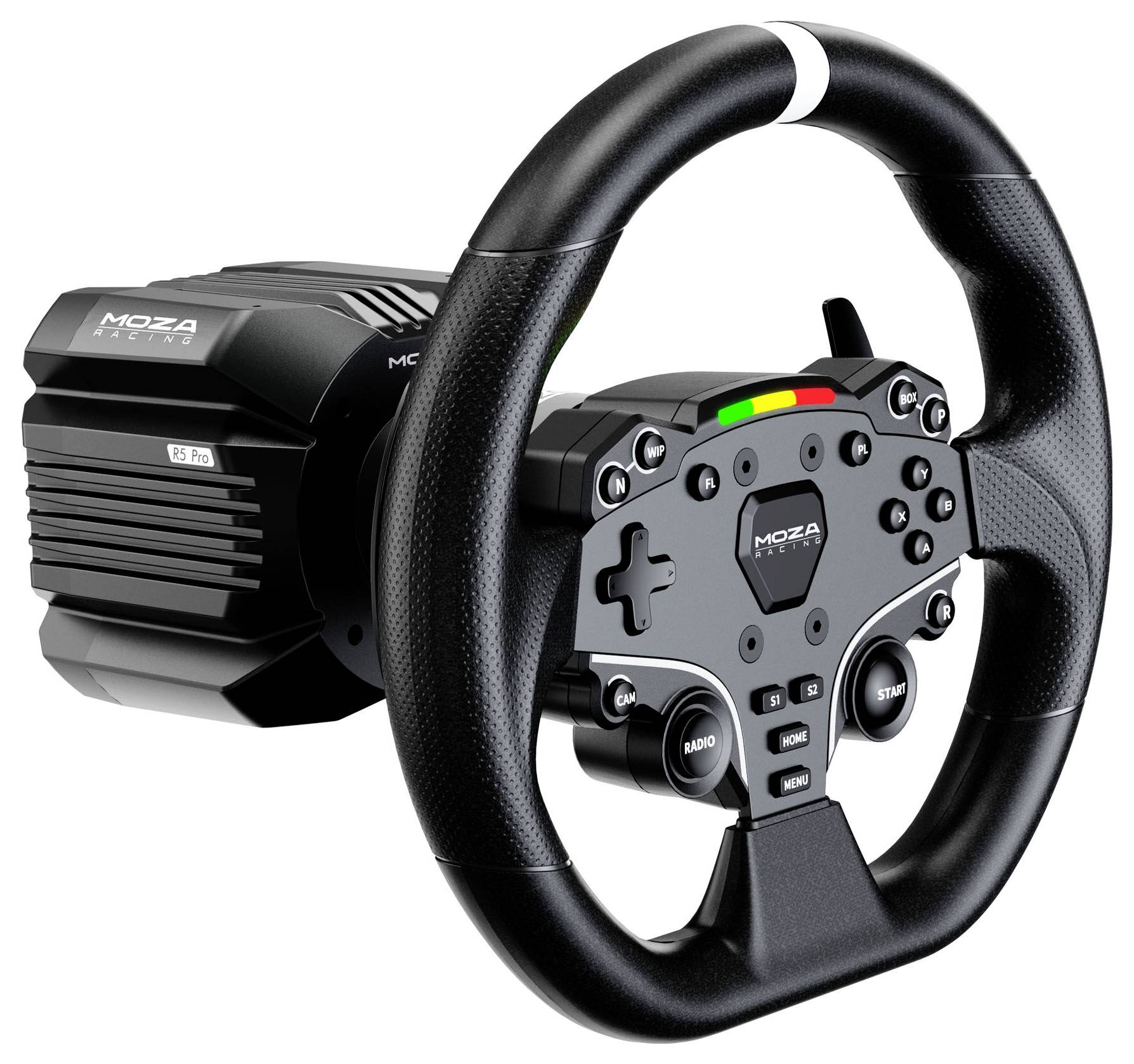 MOZA Racing Lenkrad und Force-Feedback-Basis, dargestellt als Gaming-Sim-Racing-Setup auf weißem Hintergrund.