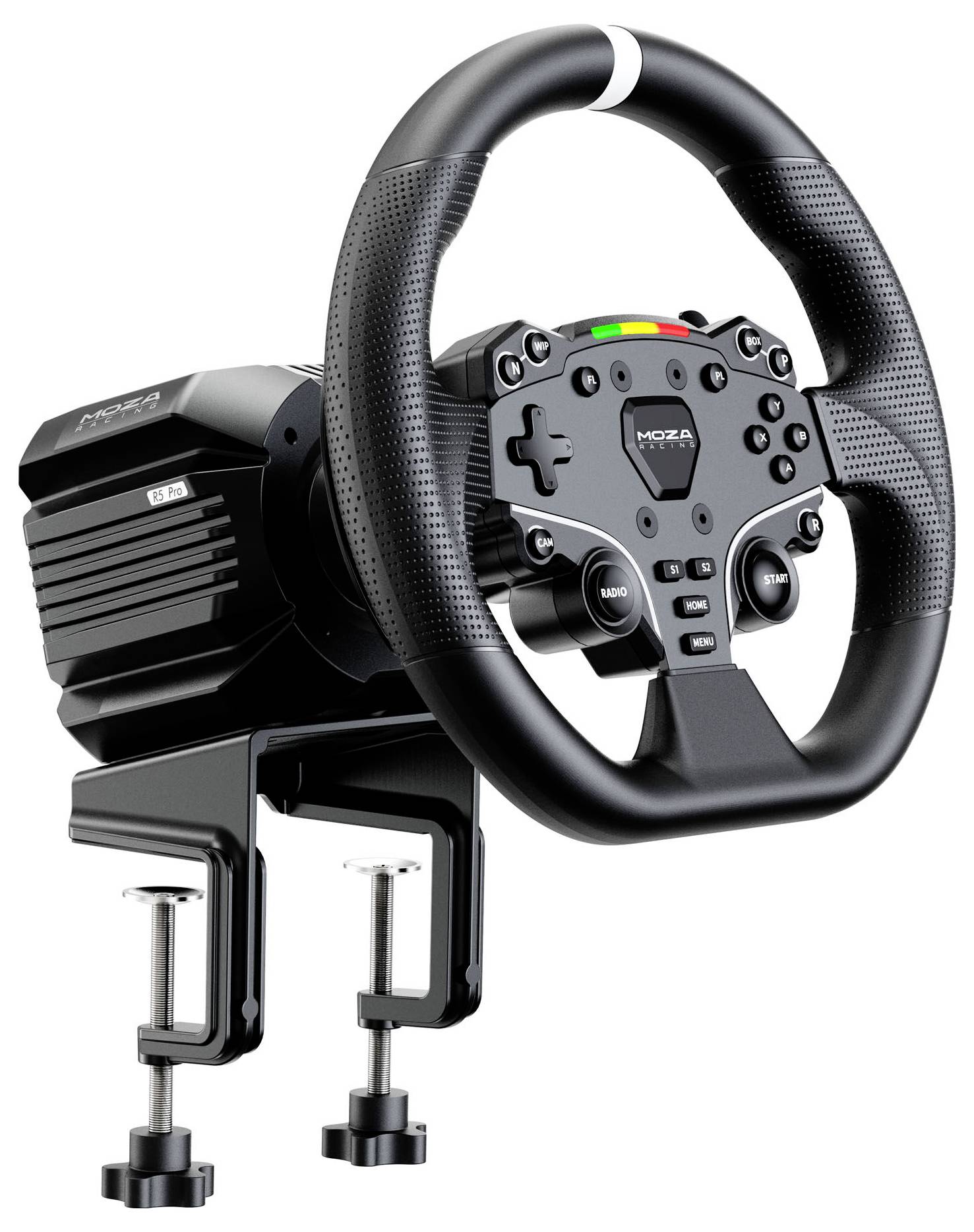Ein schwarzes Moza Racing-Lenkrad und eine Force-Feedback-Basis, die auf einer Schreibtischklemme montiert sind, auf weißem Hintergrund dargestellt.