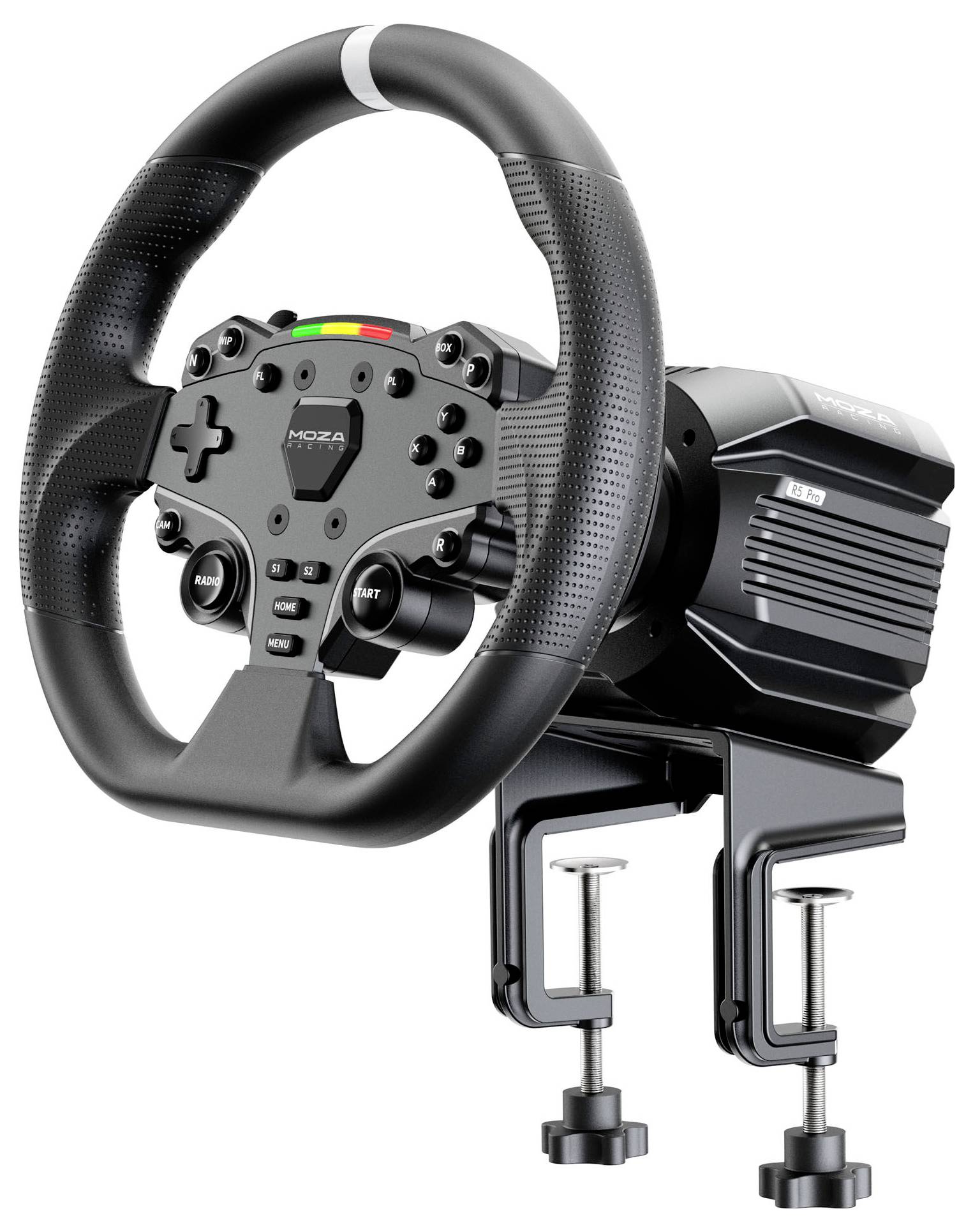 Schwarzes MOZA-Rennlenkrad und Direct-Drive-Basis mit Schreibtischklemmen, gezeigt auf weißem Hintergrund.