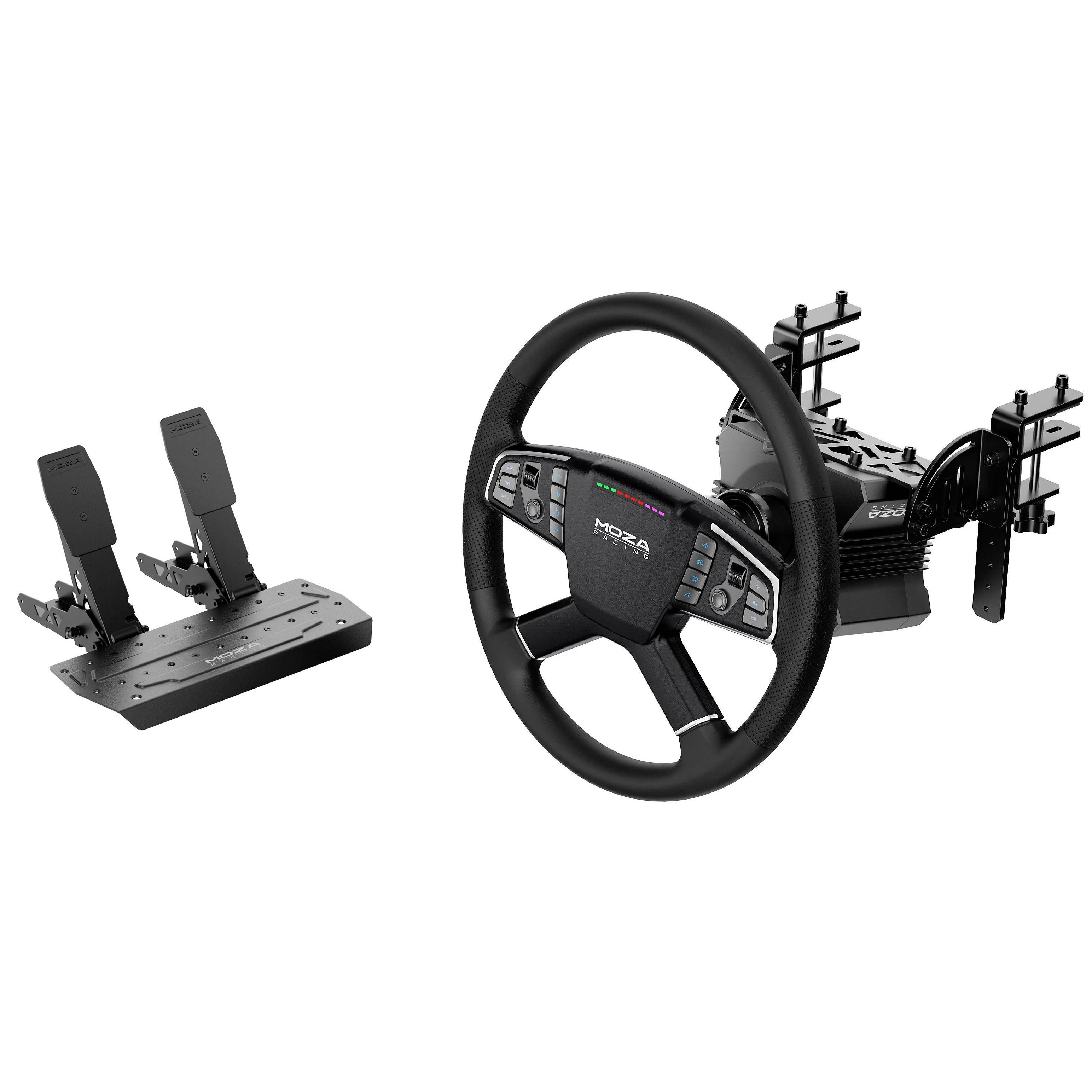 Sim-Racing-Pedalset und Lenk-Radgestell mit Rad, dargestellt als separate schwarze Gaming-Controller-Komponenten auf weißem Hintergrund.