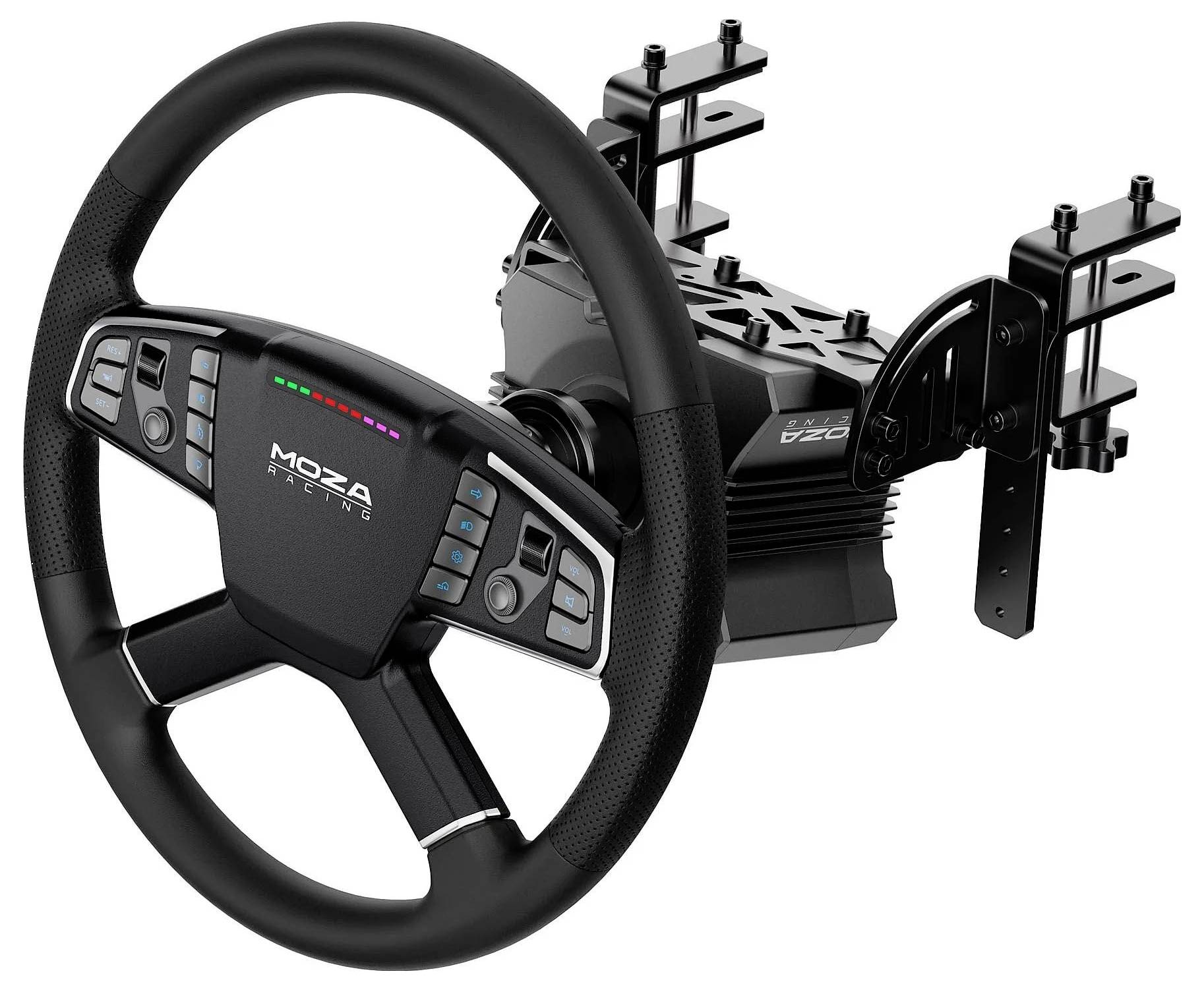 MOZA Racing Sim-Racing-Lenkrad mit Schaltflächen und LED-Anzeige, montiert auf einer Rad-Basis und einem Pedal-Träger