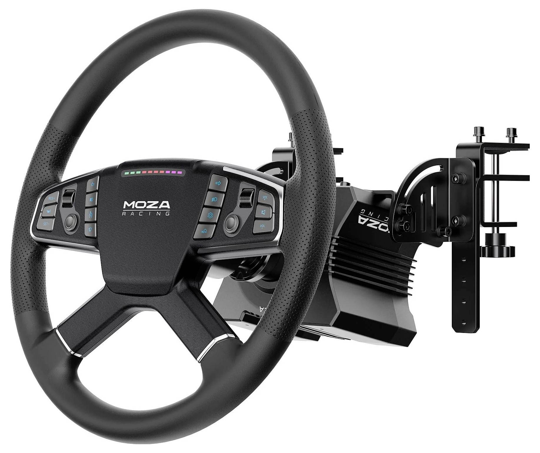 MOZA Racing Lenkrad, das auf einer Sim-Racing-Radnabe mit Pedalen und Halterung montiert ist, auf weißem Hintergrund dargestellt.