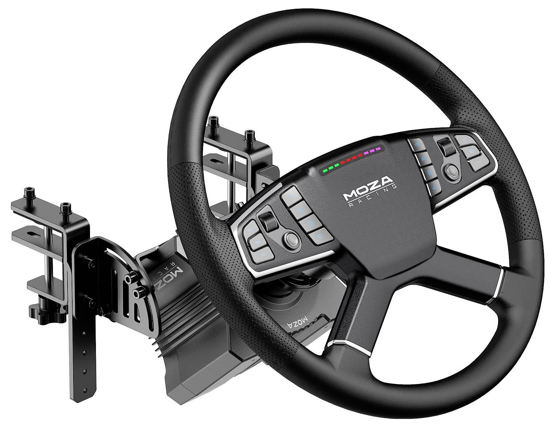MOZA Racing Lenkrad und Direct-Drive Rennrad-Basis mit Befestigungshalter, gezeigt auf weißem Hintergrund.