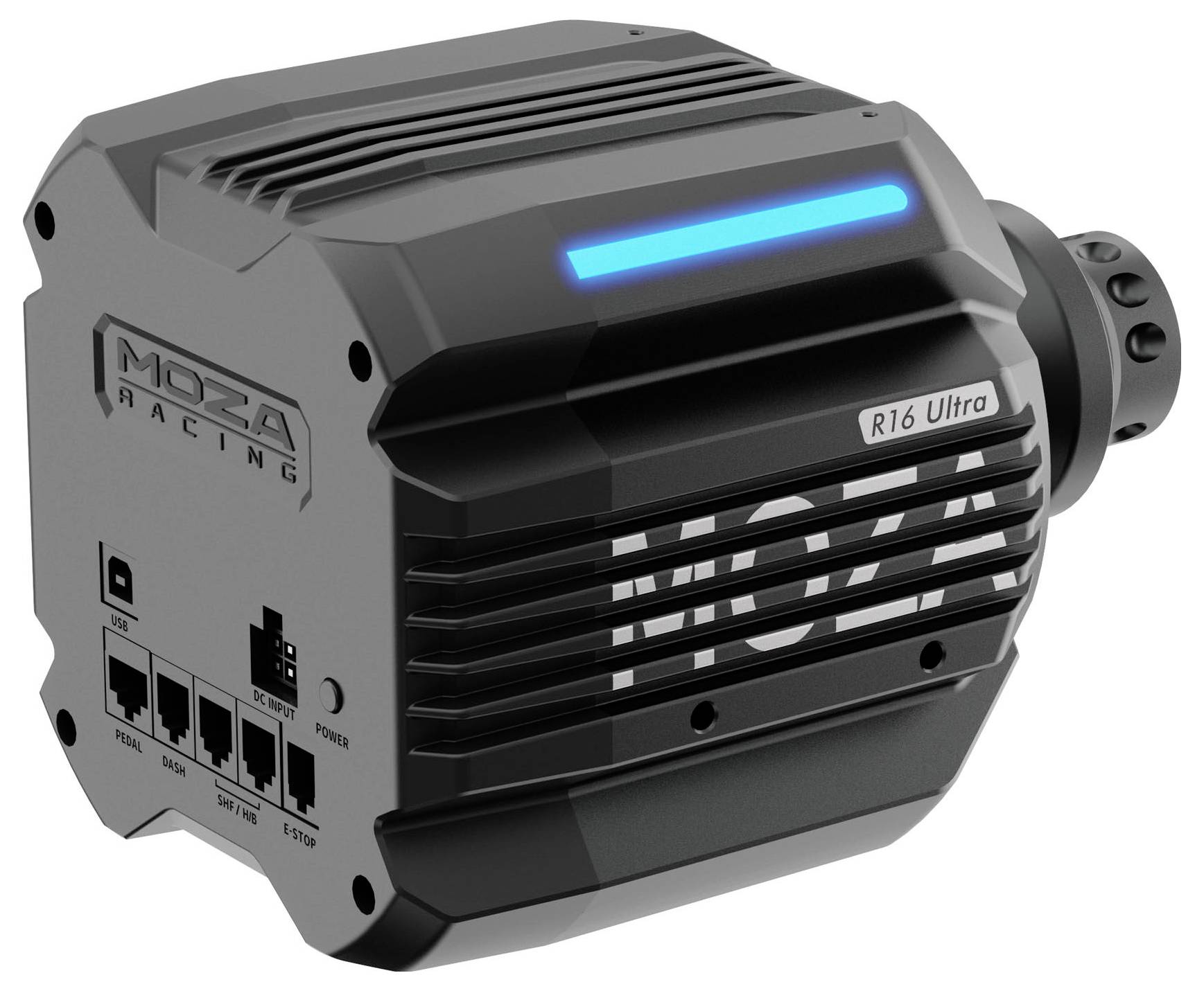 MOZA Racing R16 Ultra Direct-Drive-Lenkrad-Basis mit blauer LED-Beleuchtung und vorderen Anschlüssen auf einem grau-schwarzen Gehäuse.