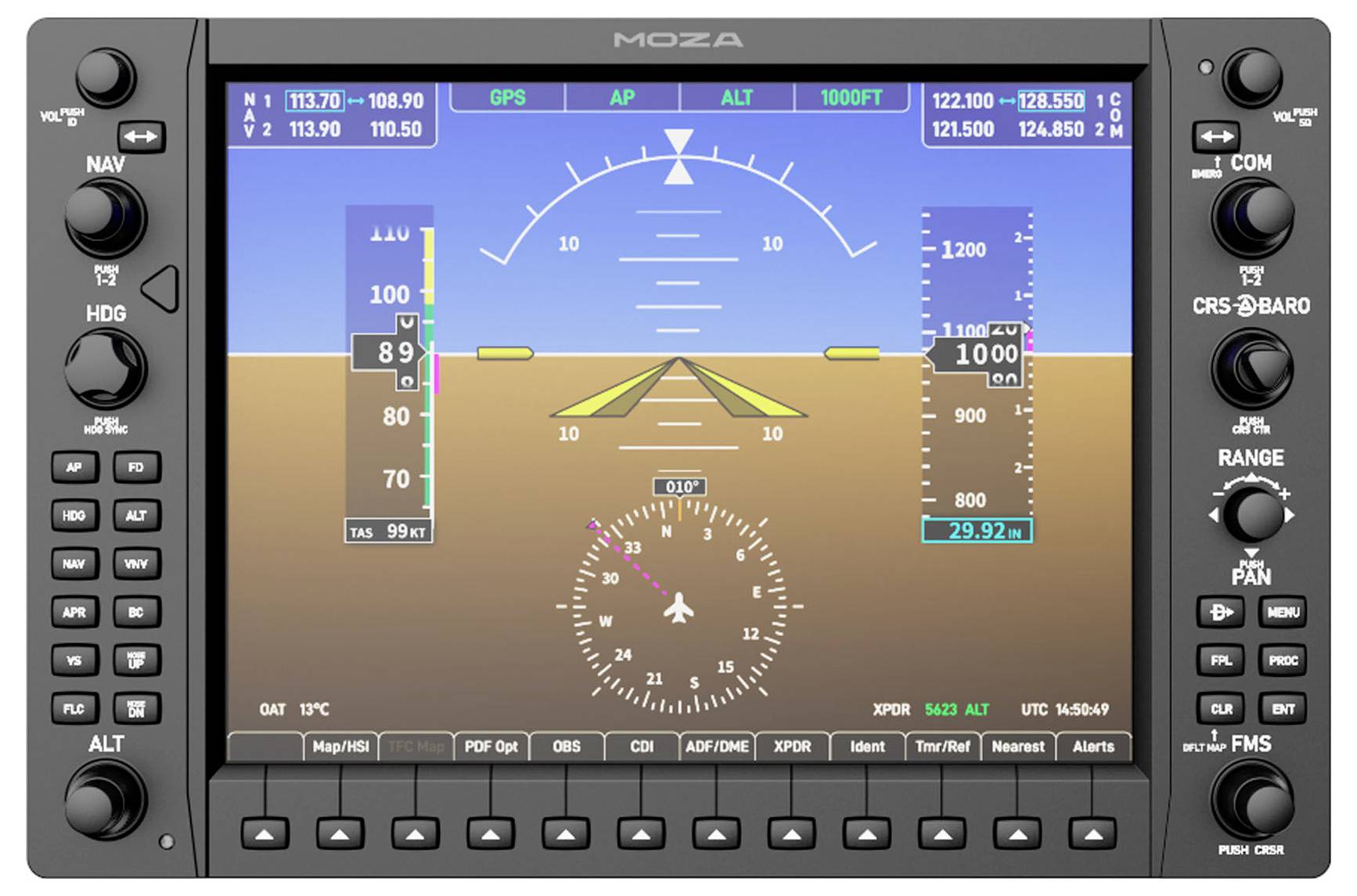 Primäres Fluganzeigesystem des Luftfahrzeugs mit Fluglage, Höhe, Fluggeschwindigkeit, Kurs, Autopilot-Status und Flugmodusindikatoren auf einem Cockpit-Instrumententafel.