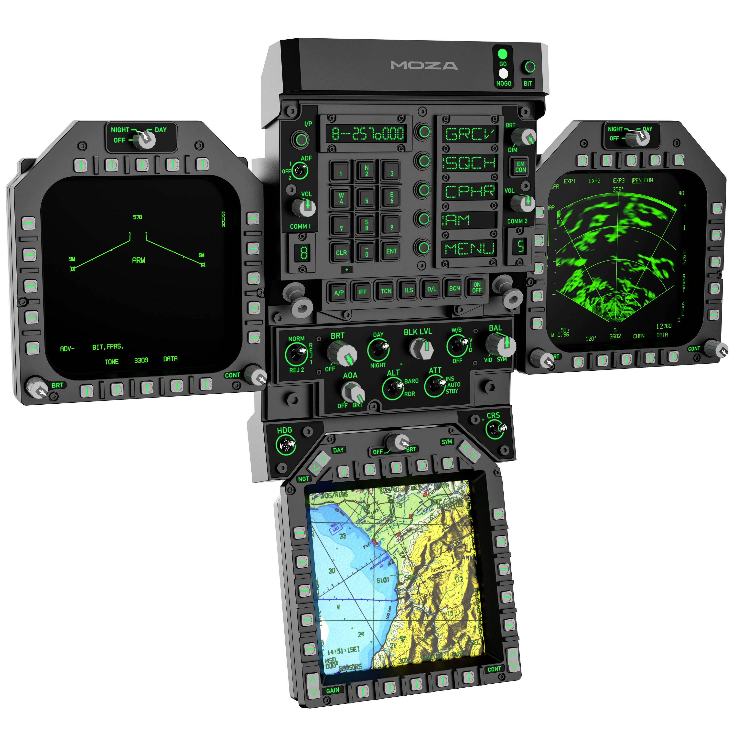 Cockpit-Anzeigeeinheit im Flugzeugstil mit mehreren Bedienfeldern, zentraler Tastatur, Messinstrumenten und vier Bildschirmen zur Anzeige von Navigations-, Radar- und Karteninformationen.