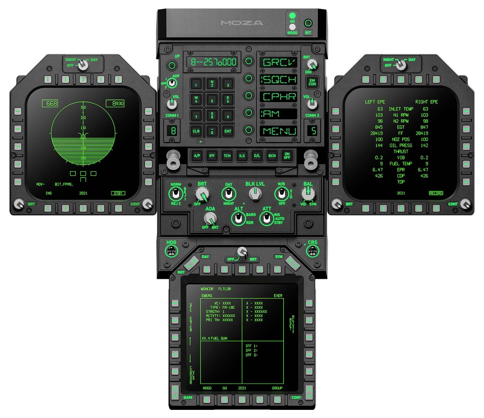 Ein fünf-Panel-MOZA-Flugzeuginstrumentenanzeige mit grünen digitalen Cockpit-Anzeigen, Bedienelementen und Navigationsdaten auf einer schwarzen Konsole.