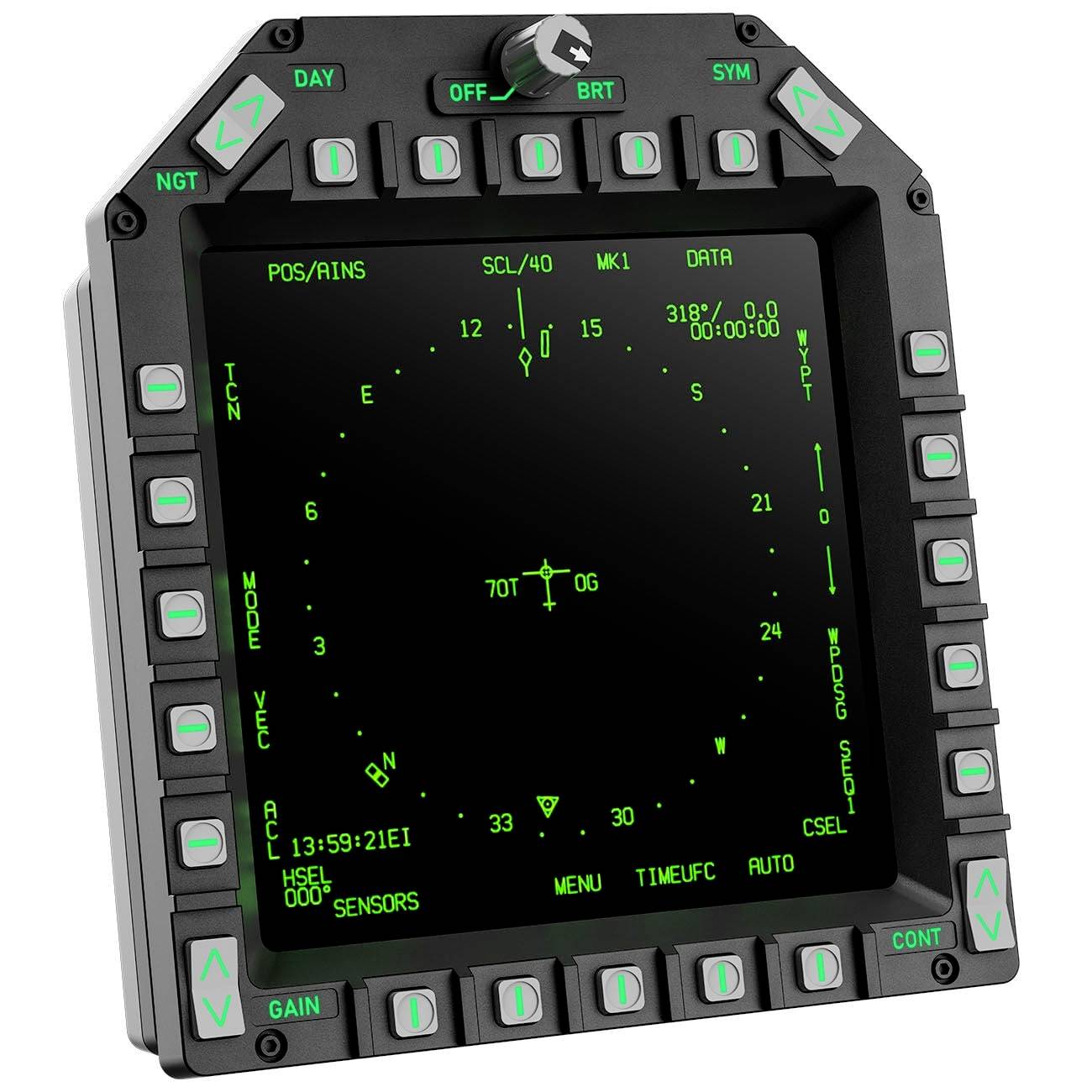 Flugzeugcockpit-Navigationsanzeige mit einem grünen Multifunktions-Kompass/Lageanzeigedisplay mit Anzeigen für Kurs, Wegpunkt und Systembezeichnungen.